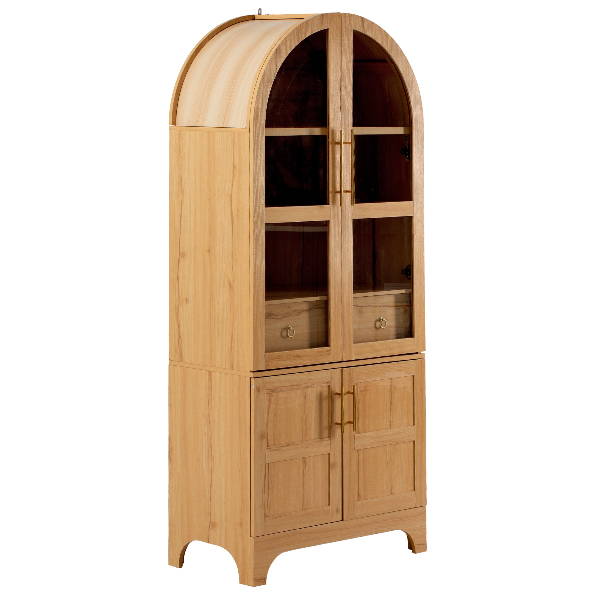 Savoy 71 inch natural wood arched pantry cabinet with glass doors lower storage cabinets and farmhouse style design