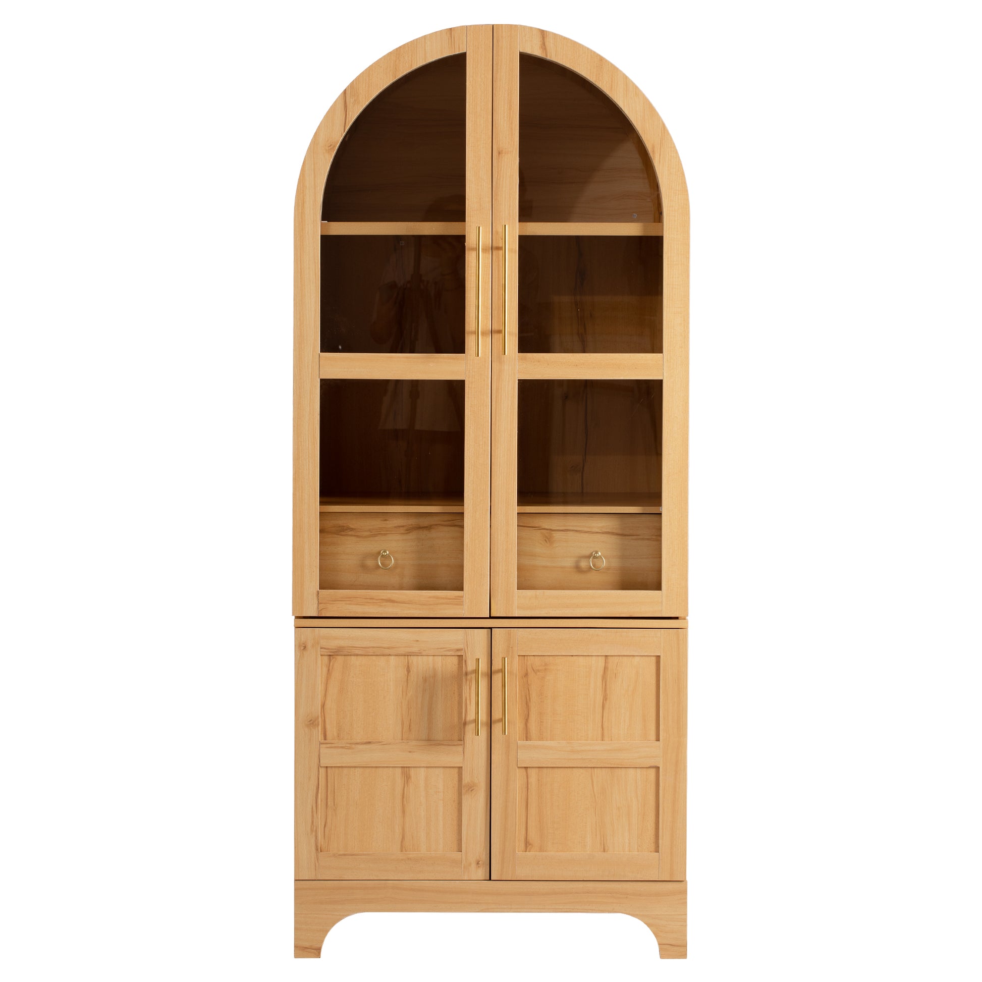 Savoy 71 inch natural wood arched pantry cabinet with glass display doors center drawers and lower storage cabinets