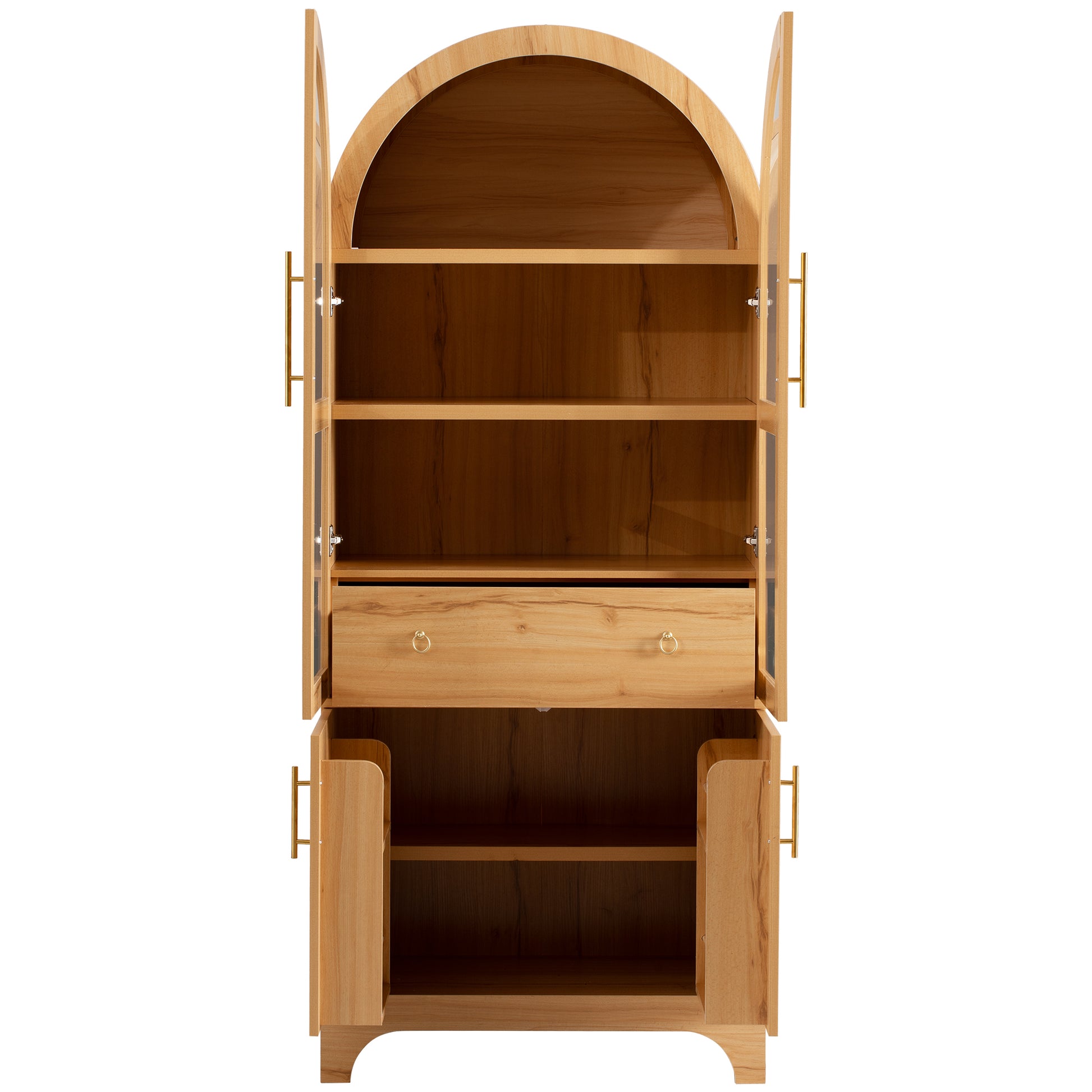 Savoy 71 inch natural wood arched pantry cabinet with open glass doors storage shelves center drawer and lower cabinet compartments