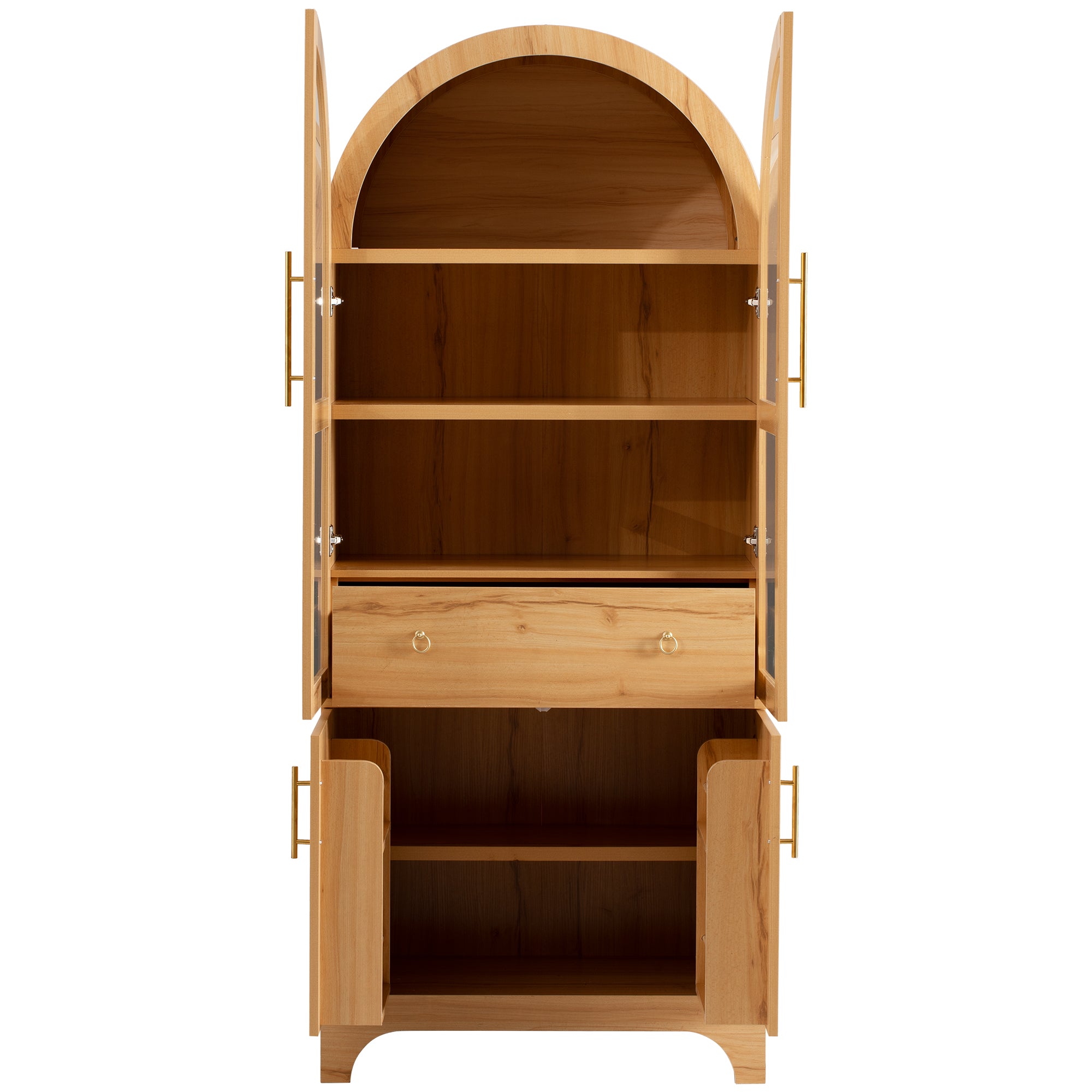 Savoy 71 inch natural wood arched pantry cabinet with open glass doors storage shelves center drawer and lower cabinet compartments