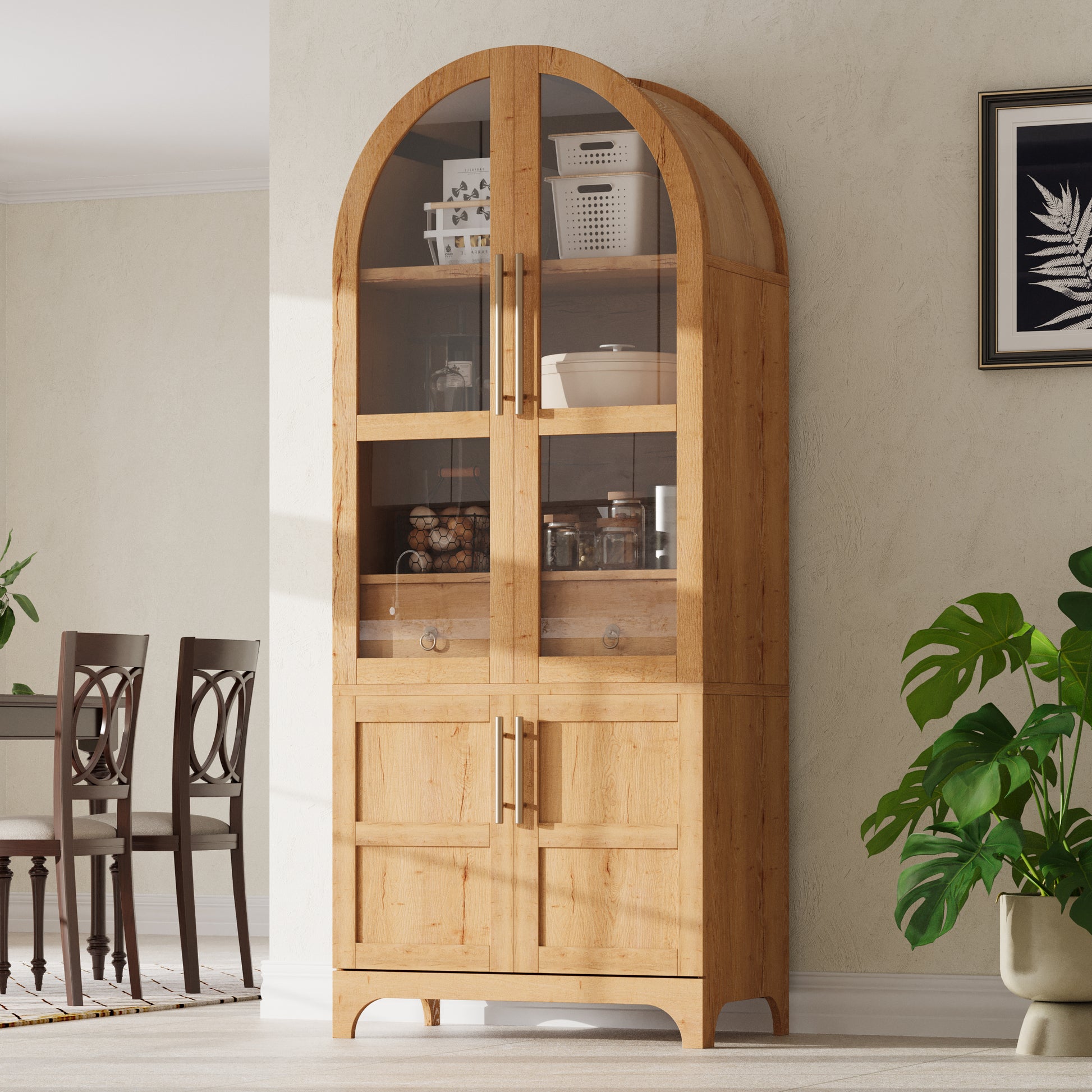 Savoy 71 inch natural wood arched kitchen pantry cabinet with glass doors and farmhouse storage design for dining room or kitchen spaces
