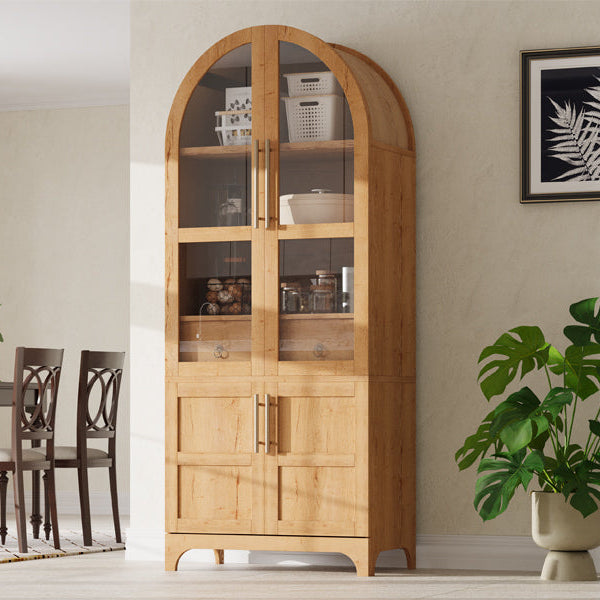 Savoy 71 inch natural wood arched pantry cabinet with glass display doors and farmhouse inspired storage for kitchen and dining spaces