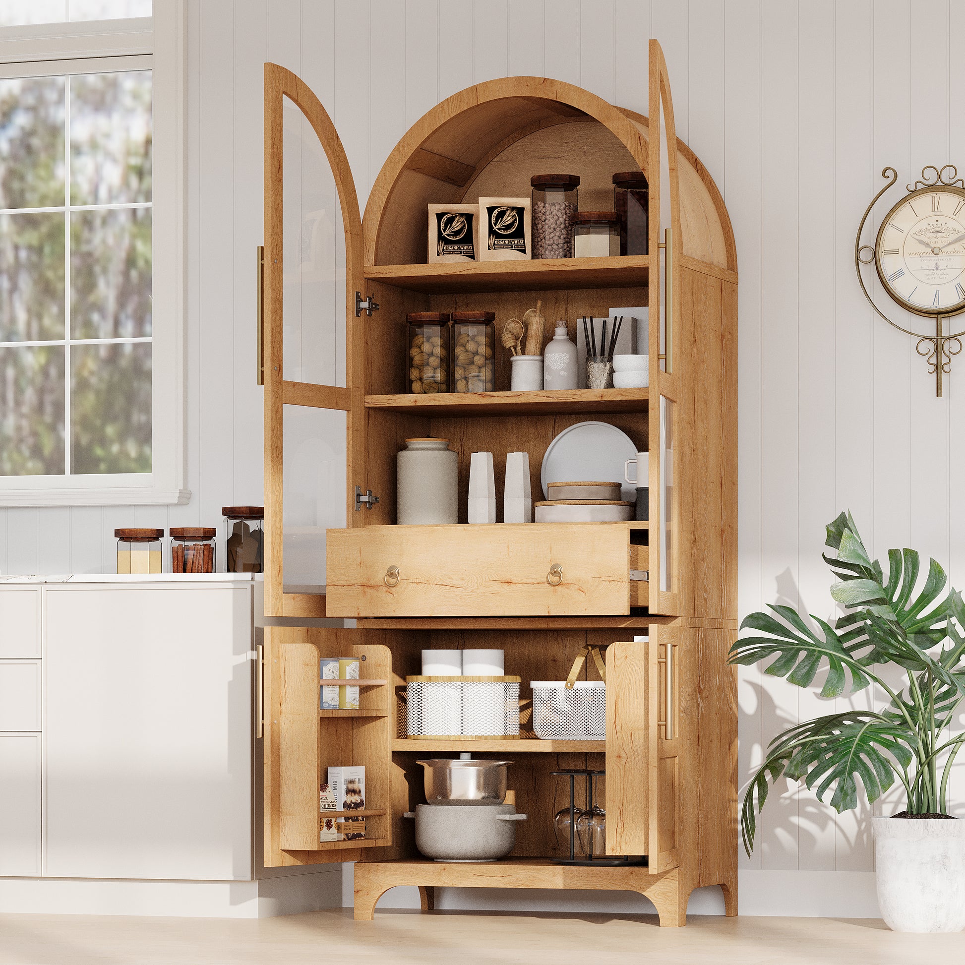 Savoy 71 inch natural wood arched pantry cabinet with open glass doors adjustable shelves drawer storage and lower cabinet organization compartments