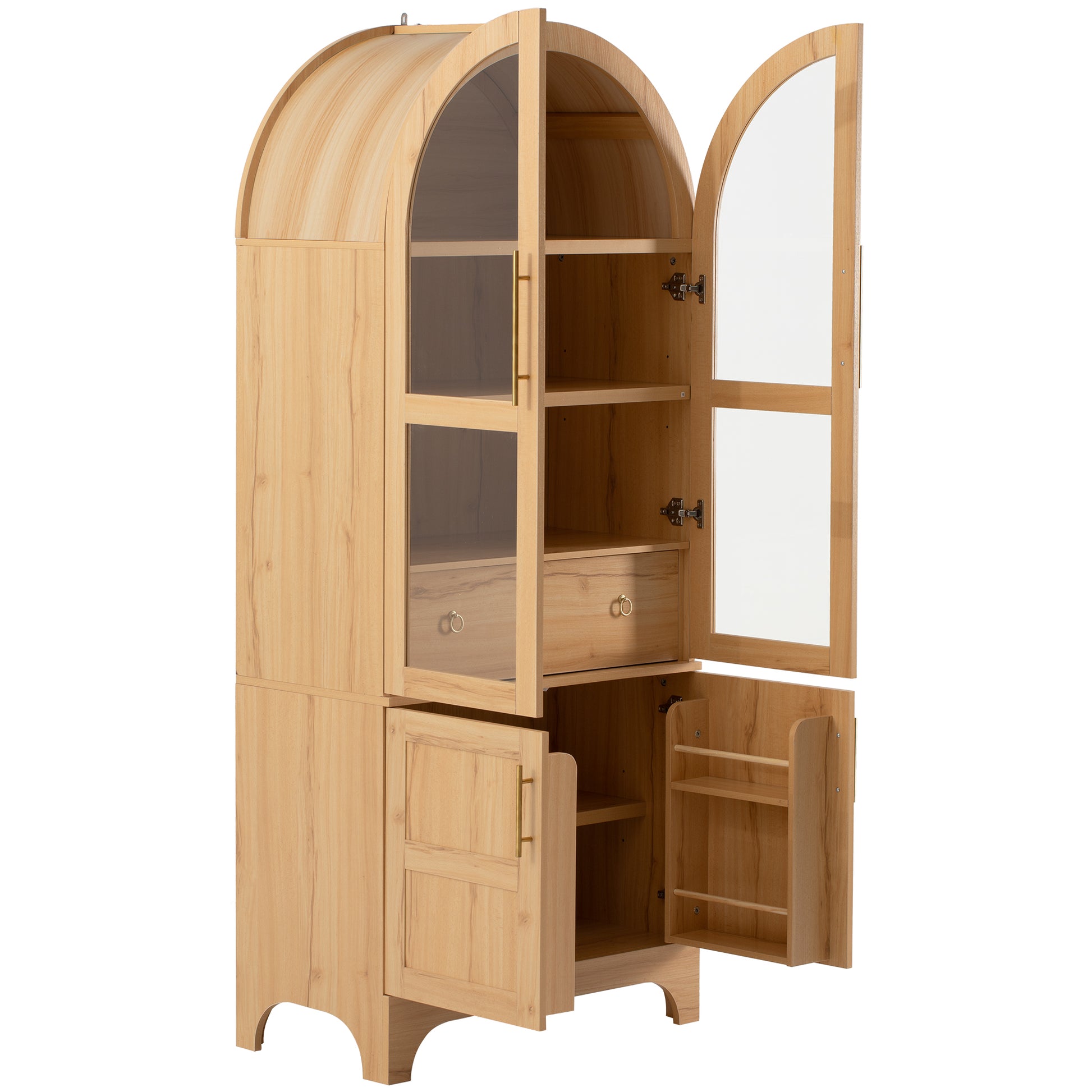 Savoy 71 inch natural wood arched pantry cabinet with open glass doors drawer storage adjustable shelves and lower cabinet organizers