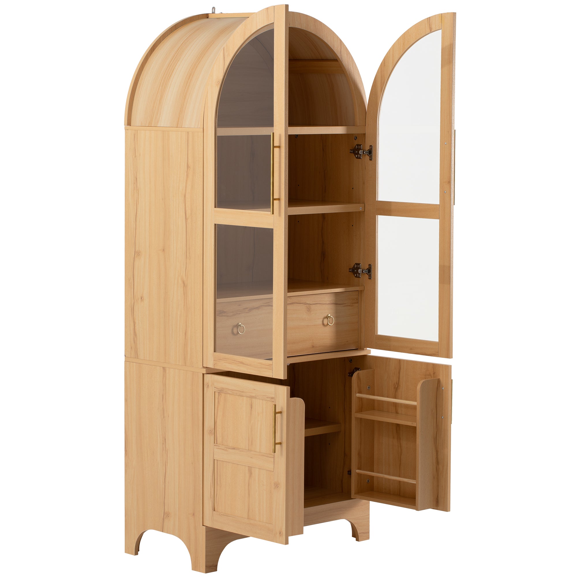 Savoy 71 inch natural wood arched pantry cabinet with open glass doors drawer storage adjustable shelves and lower cabinet organizers