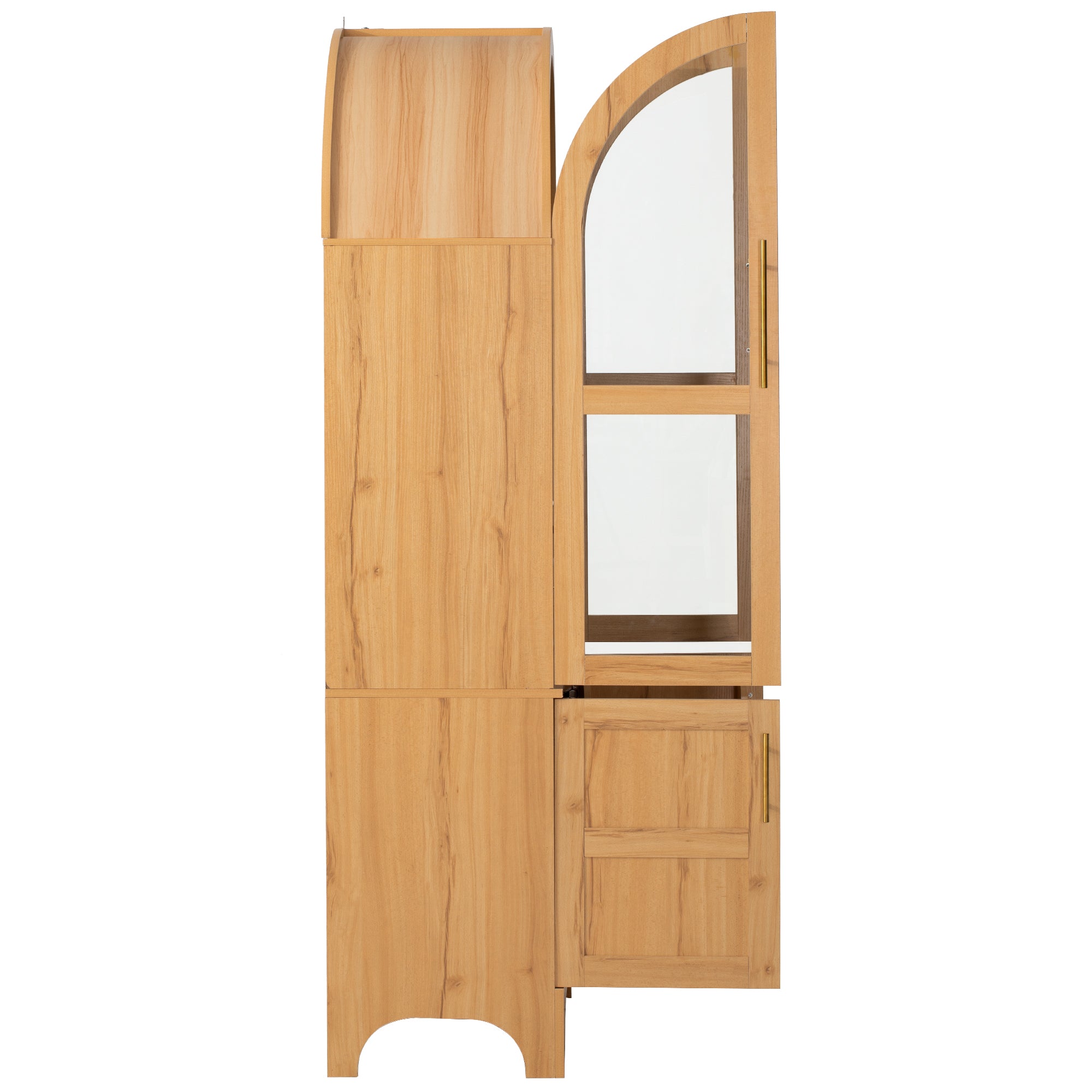 Savoy 71 inch natural wood arched pantry cabinet side view with open glass door and lower storage cabinet farmhouse design