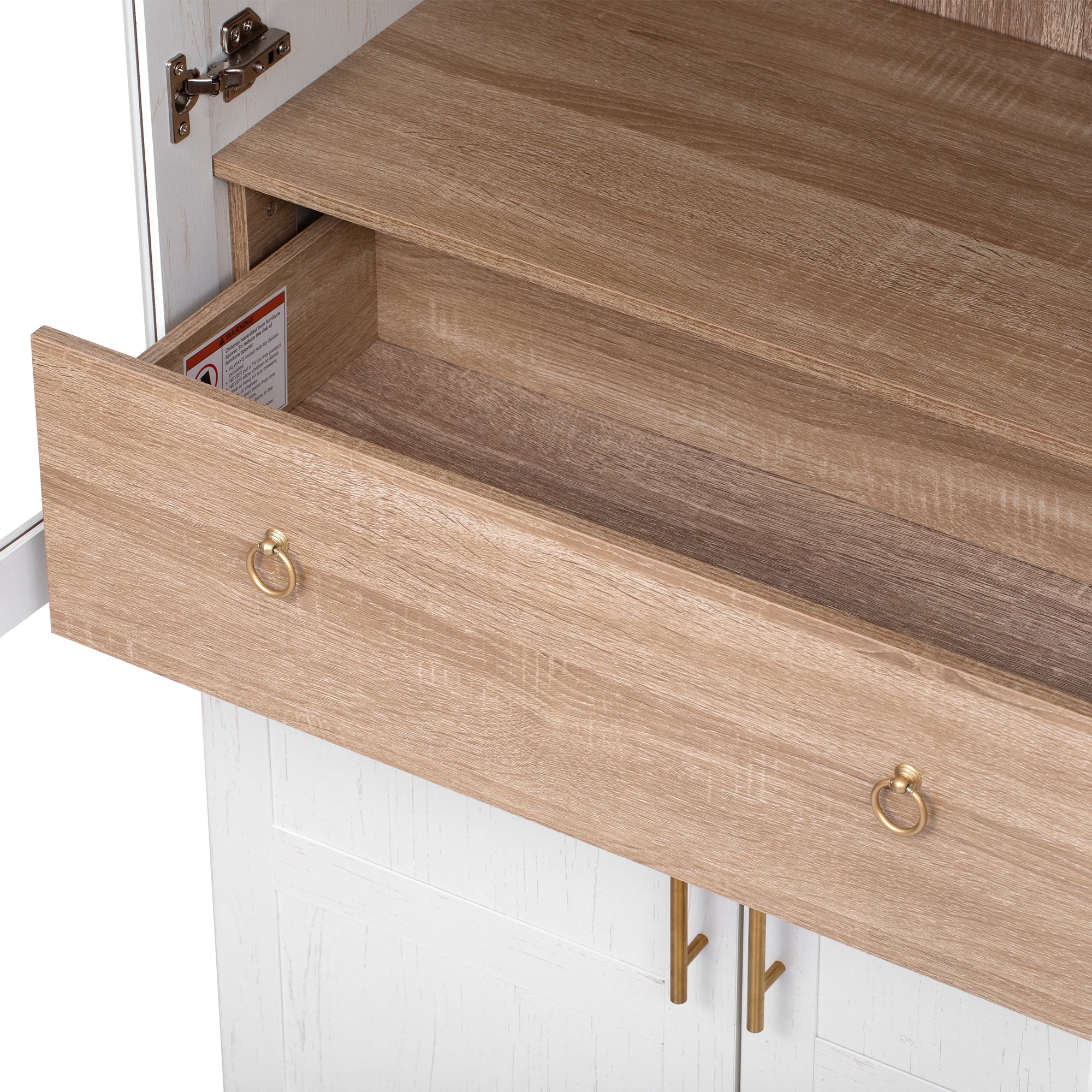 Savoy 71 inch pantry cabinet open storage drawer detail with antique gold ring pulls and rustic wood grain finish