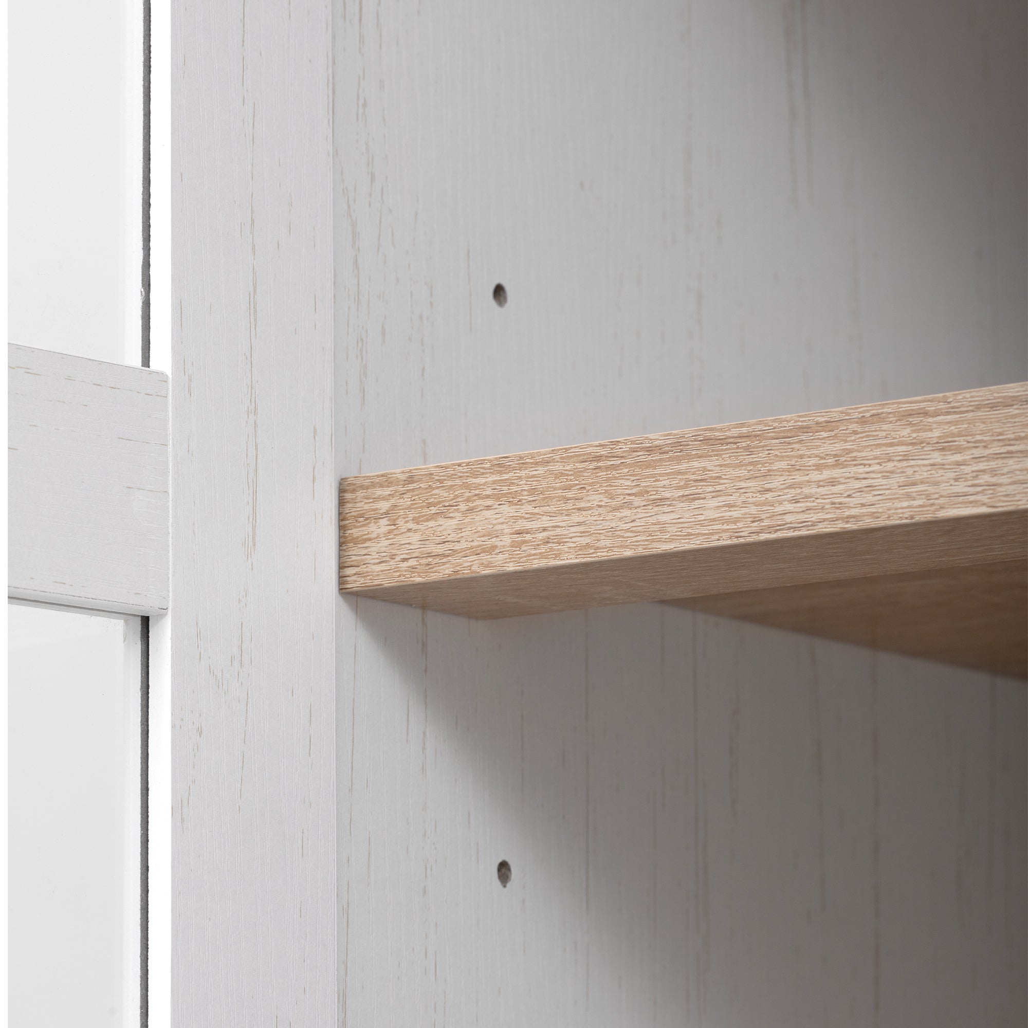 Savoy 71 inch white arched pantry cabinet adjustable shelf detail with farmhouse wood grain finish and customizable storage height