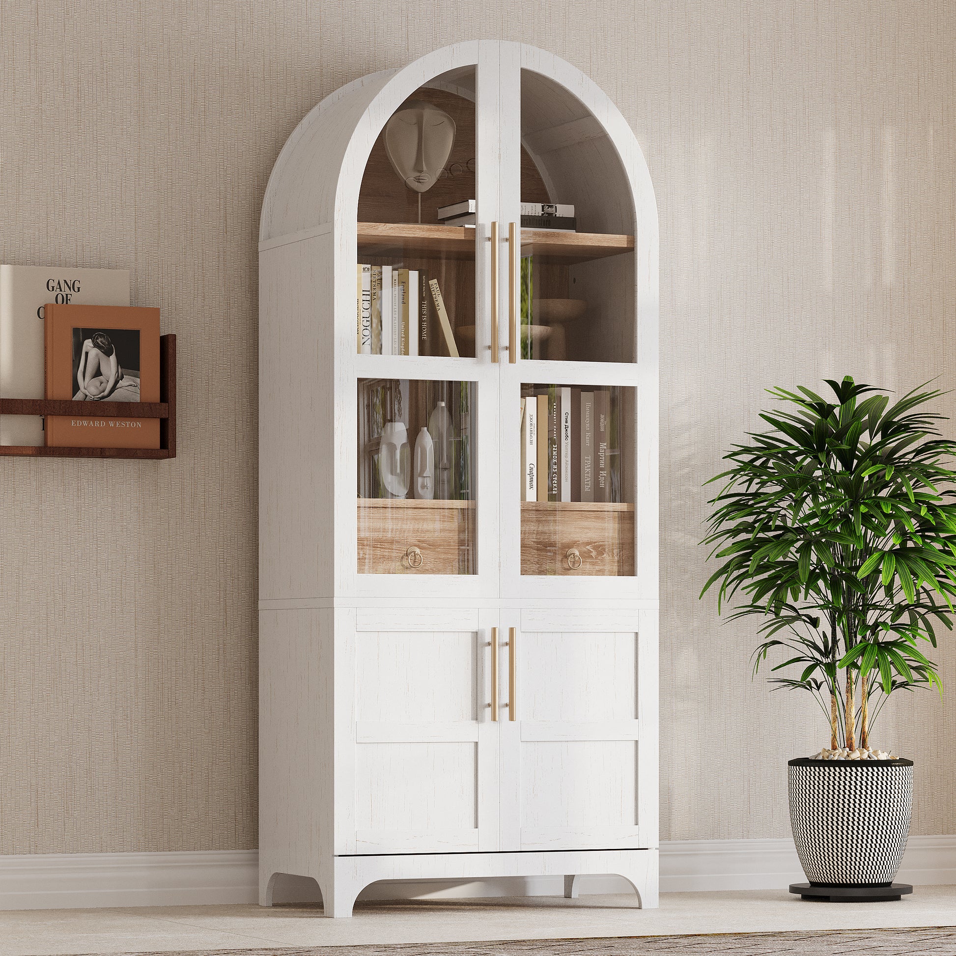 Savoy 71 inch white arched kitchen pantry cabinet with glass doors and concealed storage styled in farmhouse dining room setting