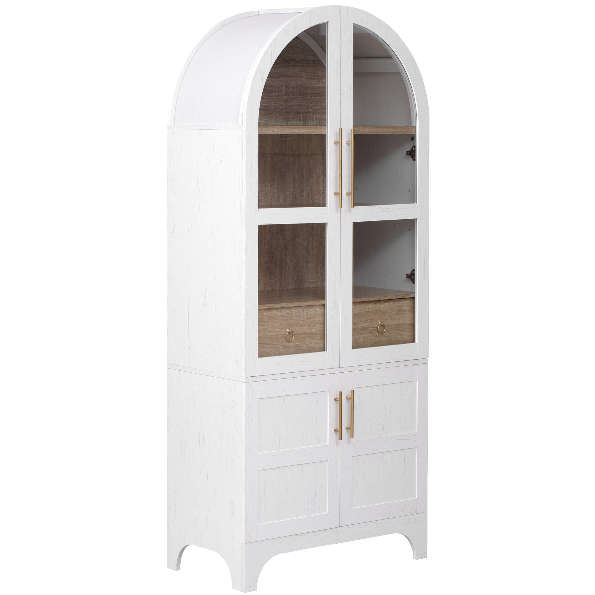 Savoy 71 inch white arched pantry cabinet with glass doors adjustable shelves and lower concealed storage in farmhouse style finish