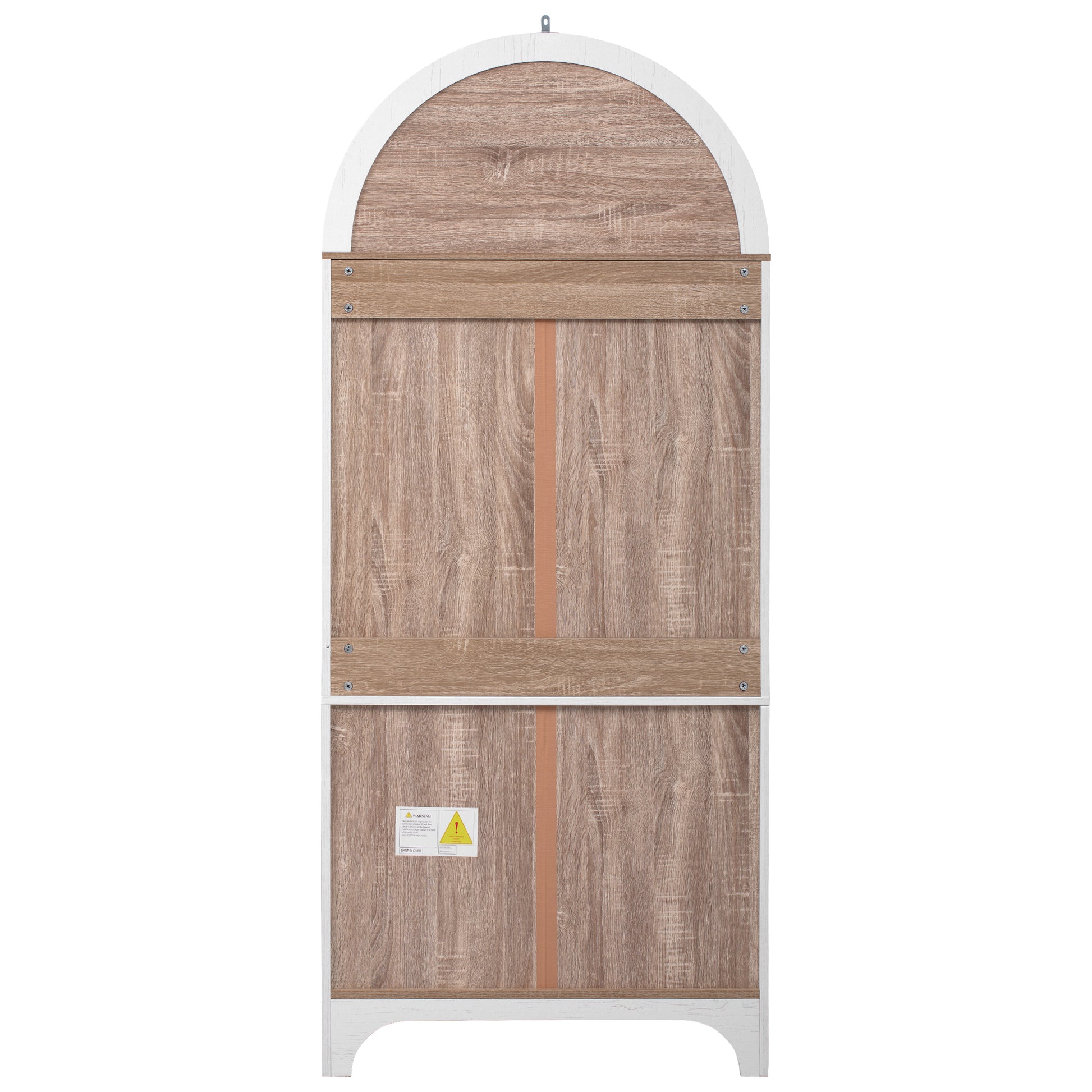 Savoy 71 inch white arched pantry cabinet rear view with wood grain back panel and tall farmhouse storage cabinet structure