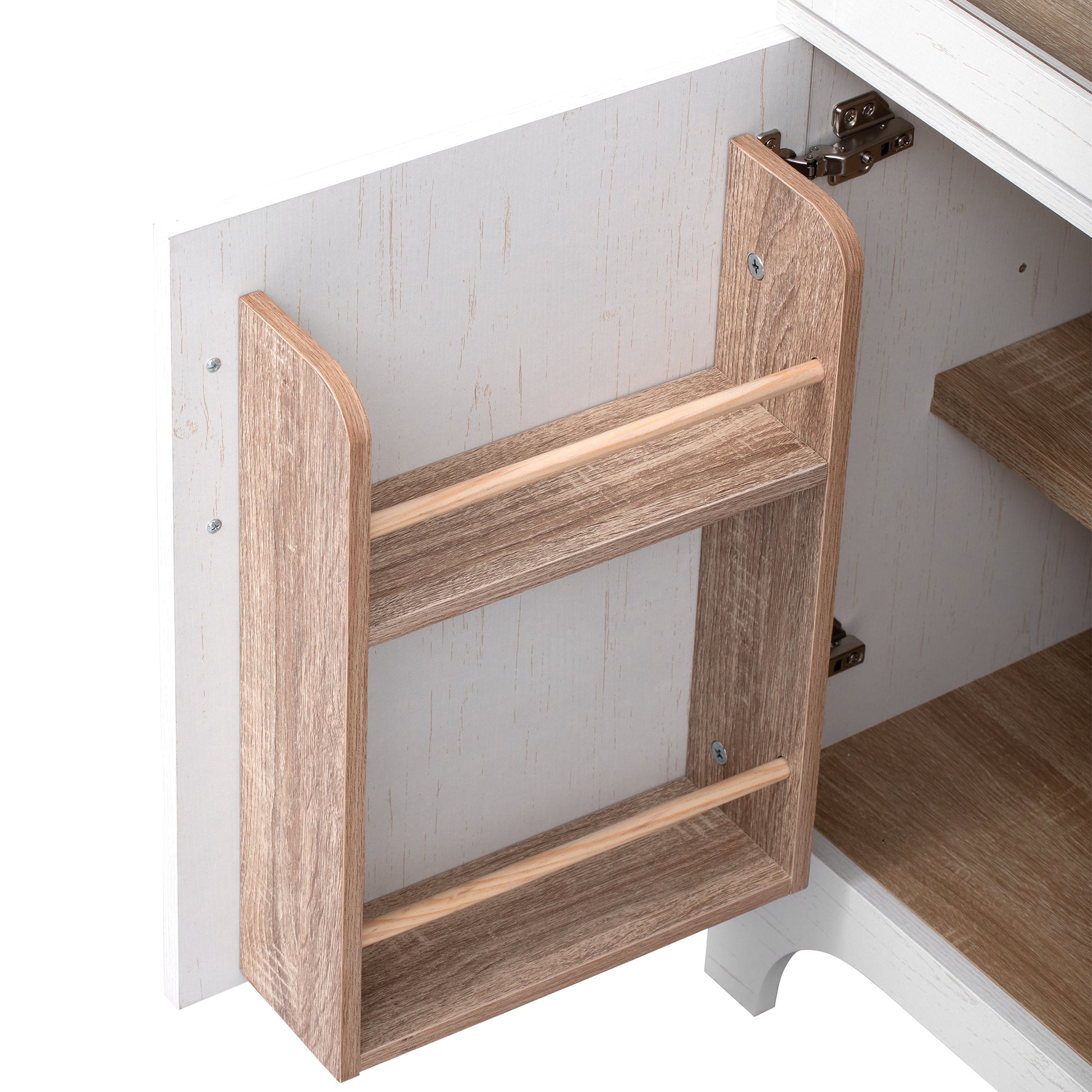 Savoy 71 inch white arched pantry cabinet door storage rack detail with built in organizer shelf and farmhouse wood finish