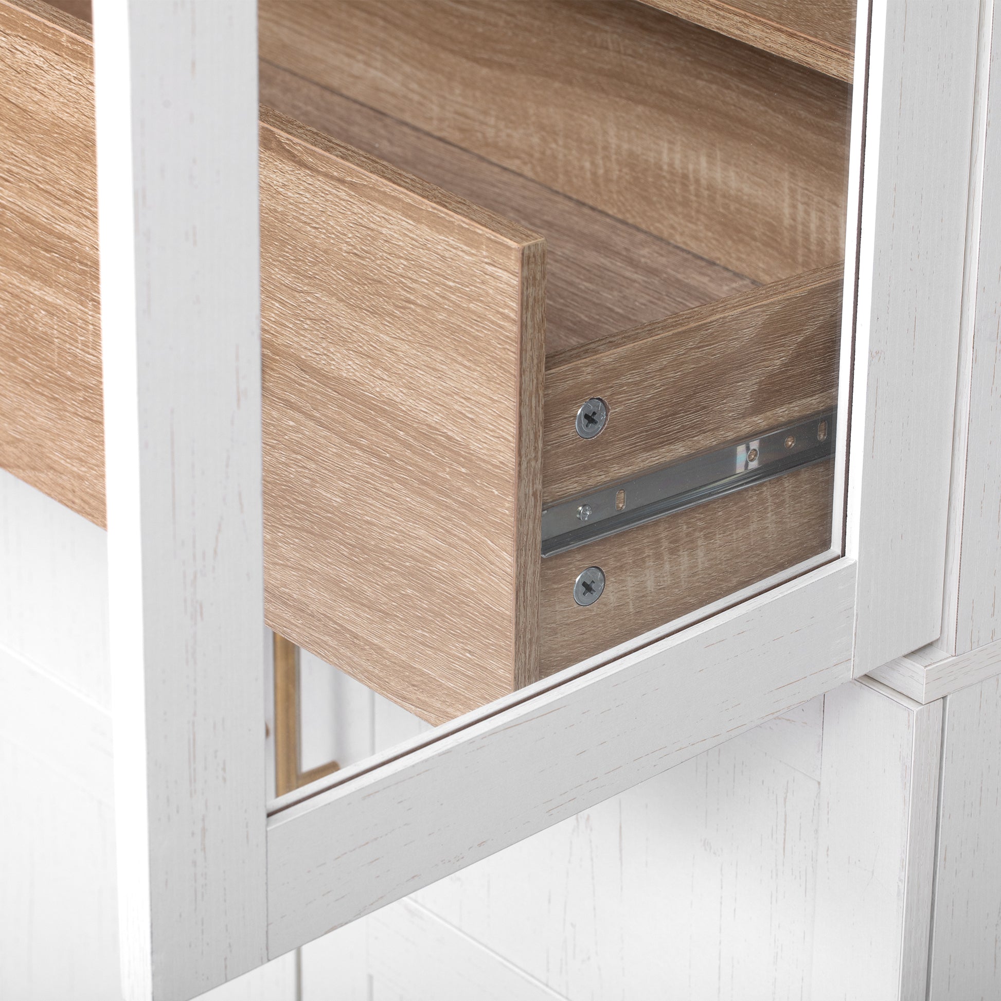 Savoy 71 inch white arched pantry cabinet drawer slide detail with smooth glide storage drawer and wood grain finish