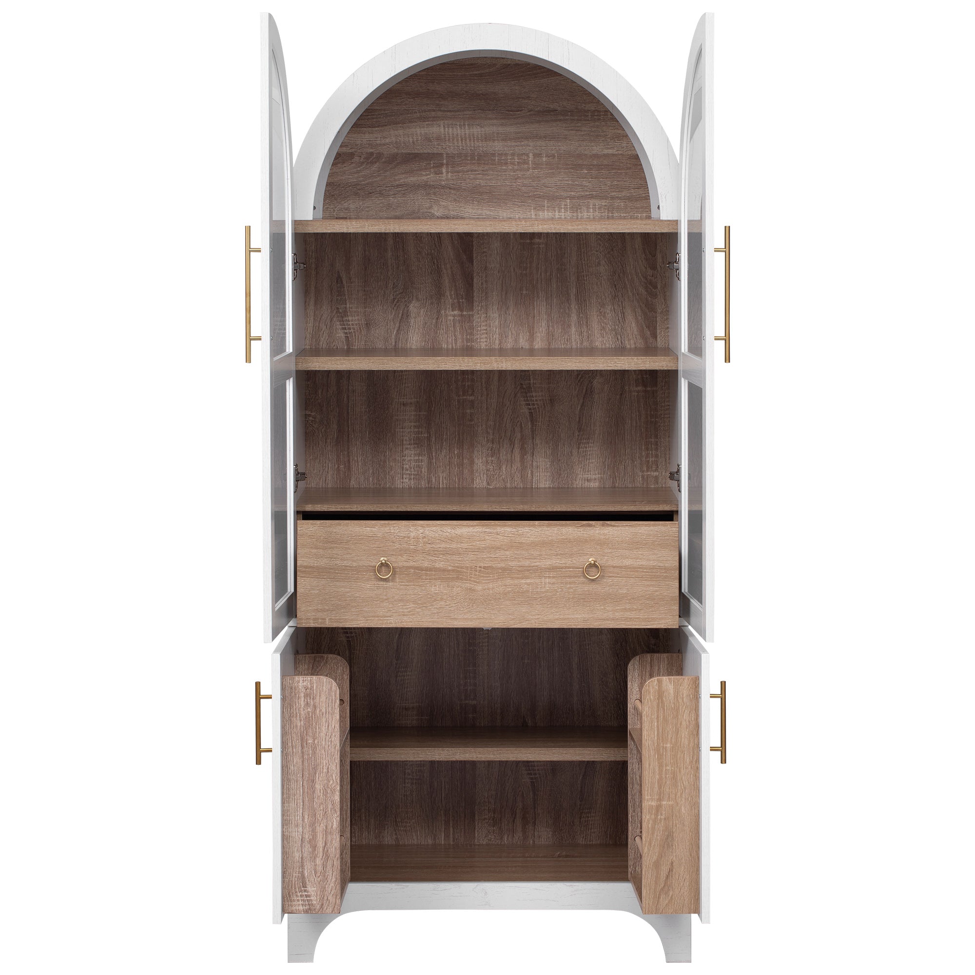 Savoy 71 inch white arched pantry cabinet with open glass doors adjustable shelves center drawer and lower storage compartments for kitchen organization