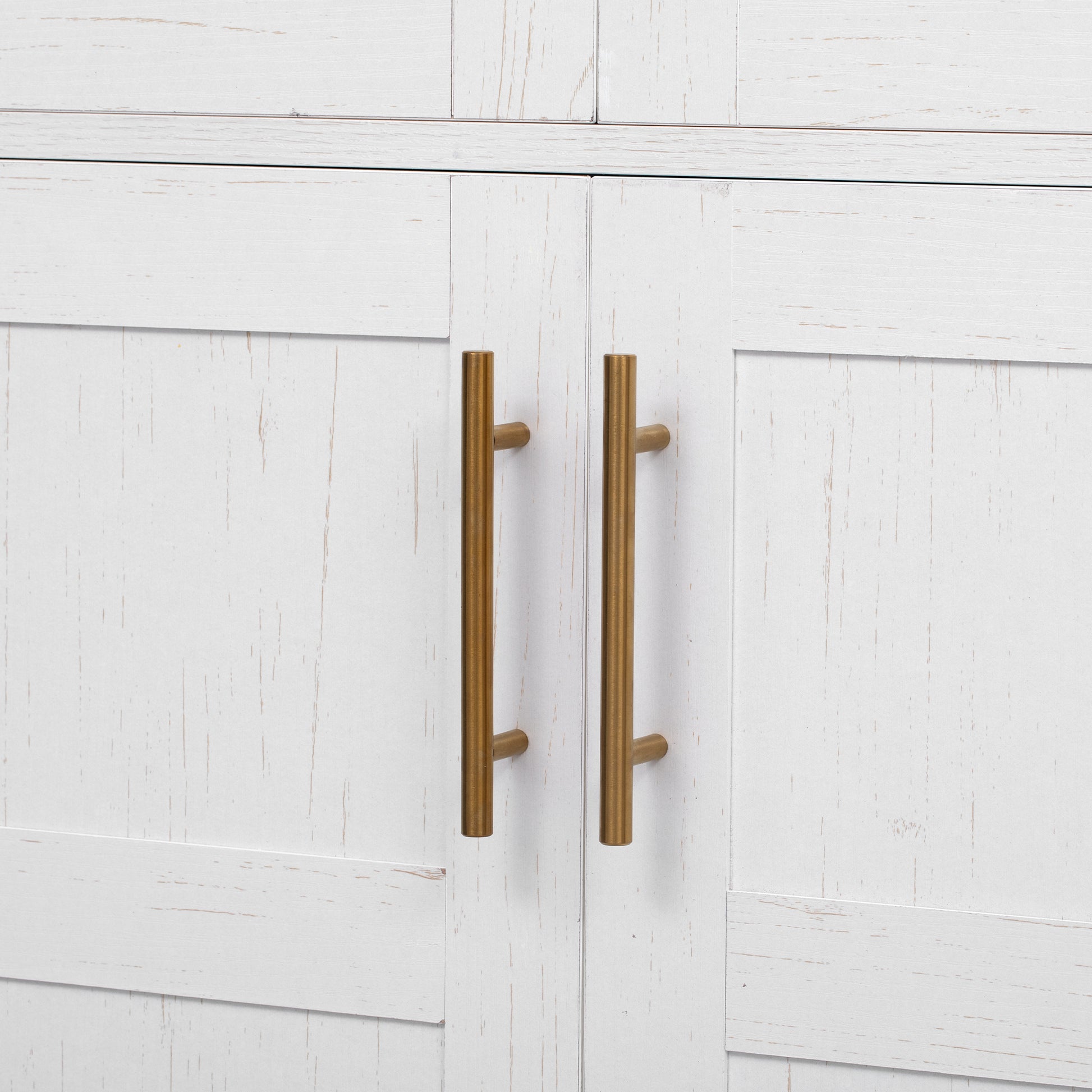 Savoy 71 inch white arched pantry cabinet gold handle detail with farmhouse wood texture cabinet doors