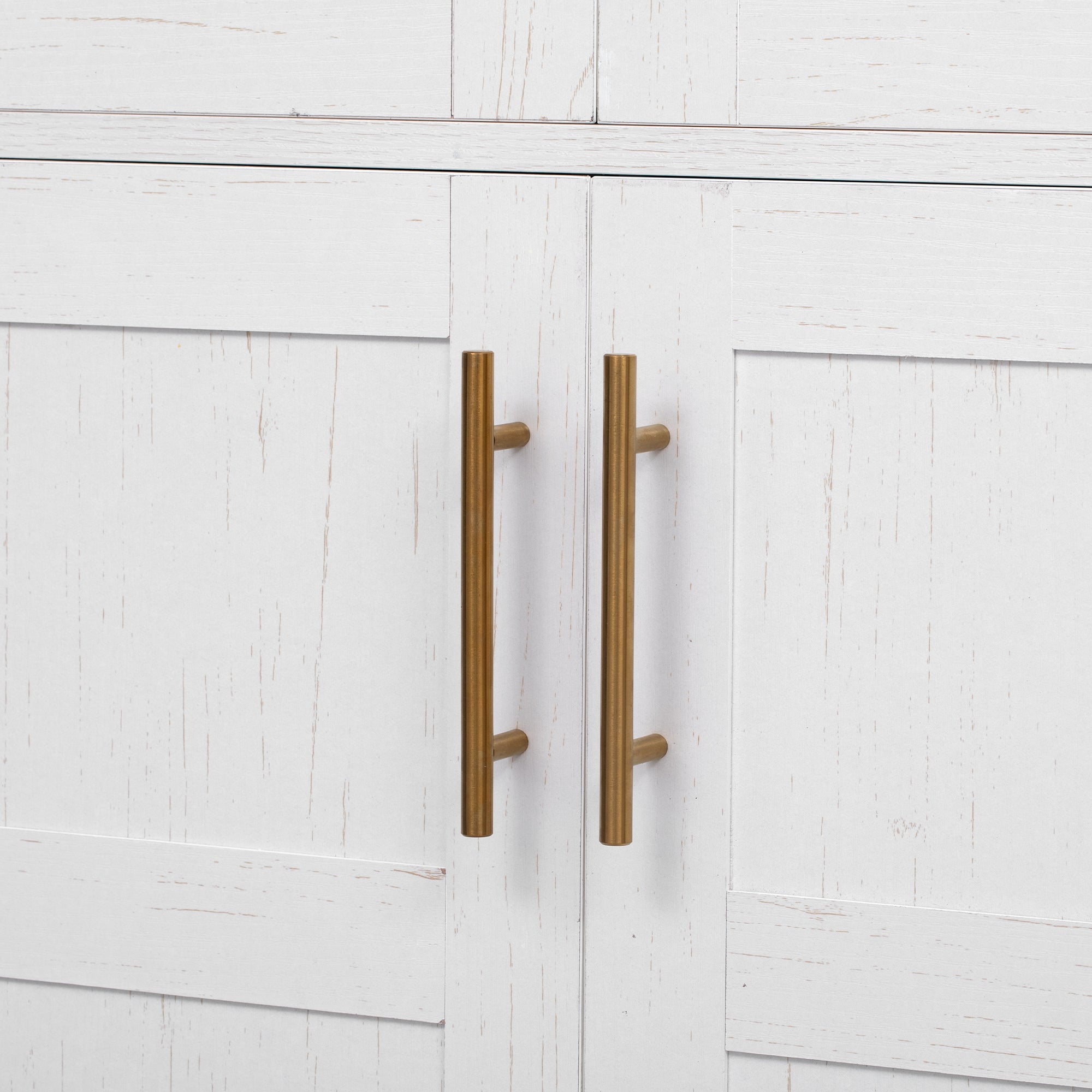 Savoy 71 inch white arched pantry cabinet gold handle detail with farmhouse wood texture cabinet doors