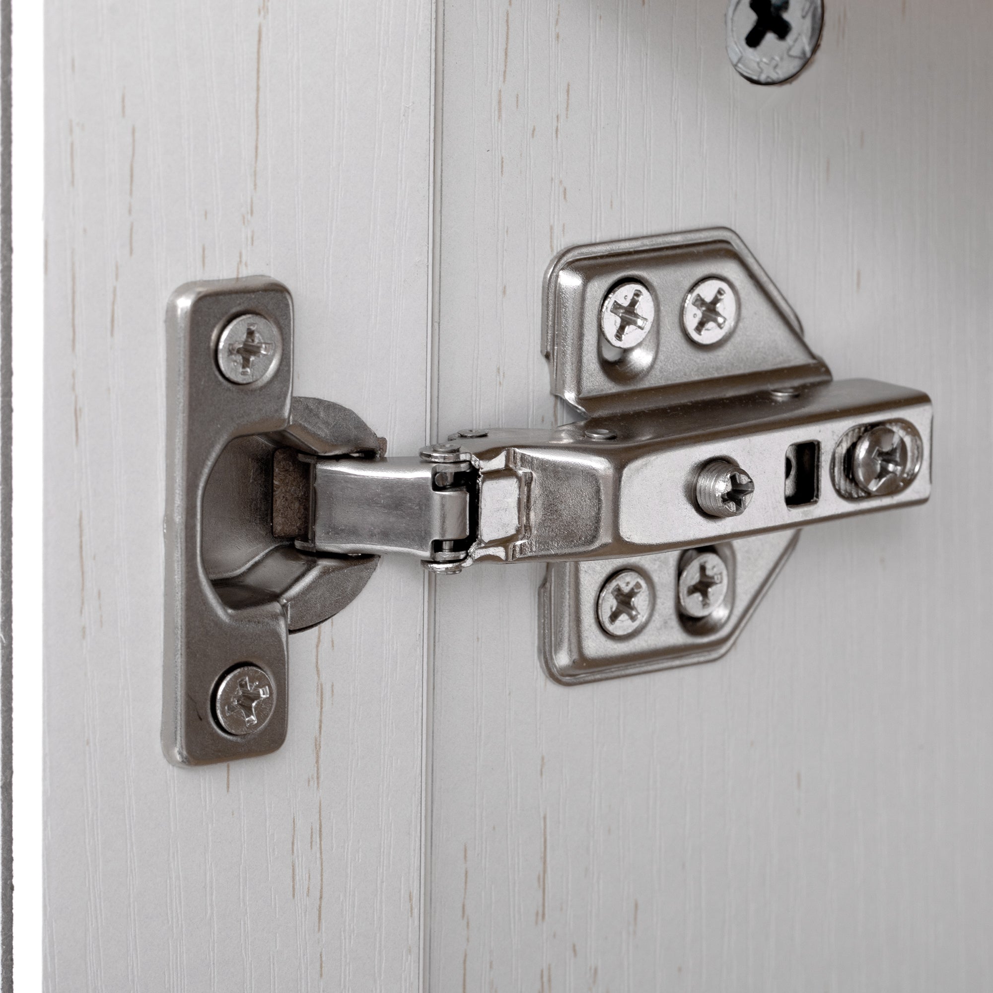 Savoy 71 inch white arched pantry cabinet soft close hinge detail with durable metal hardware and farmhouse wood finish
