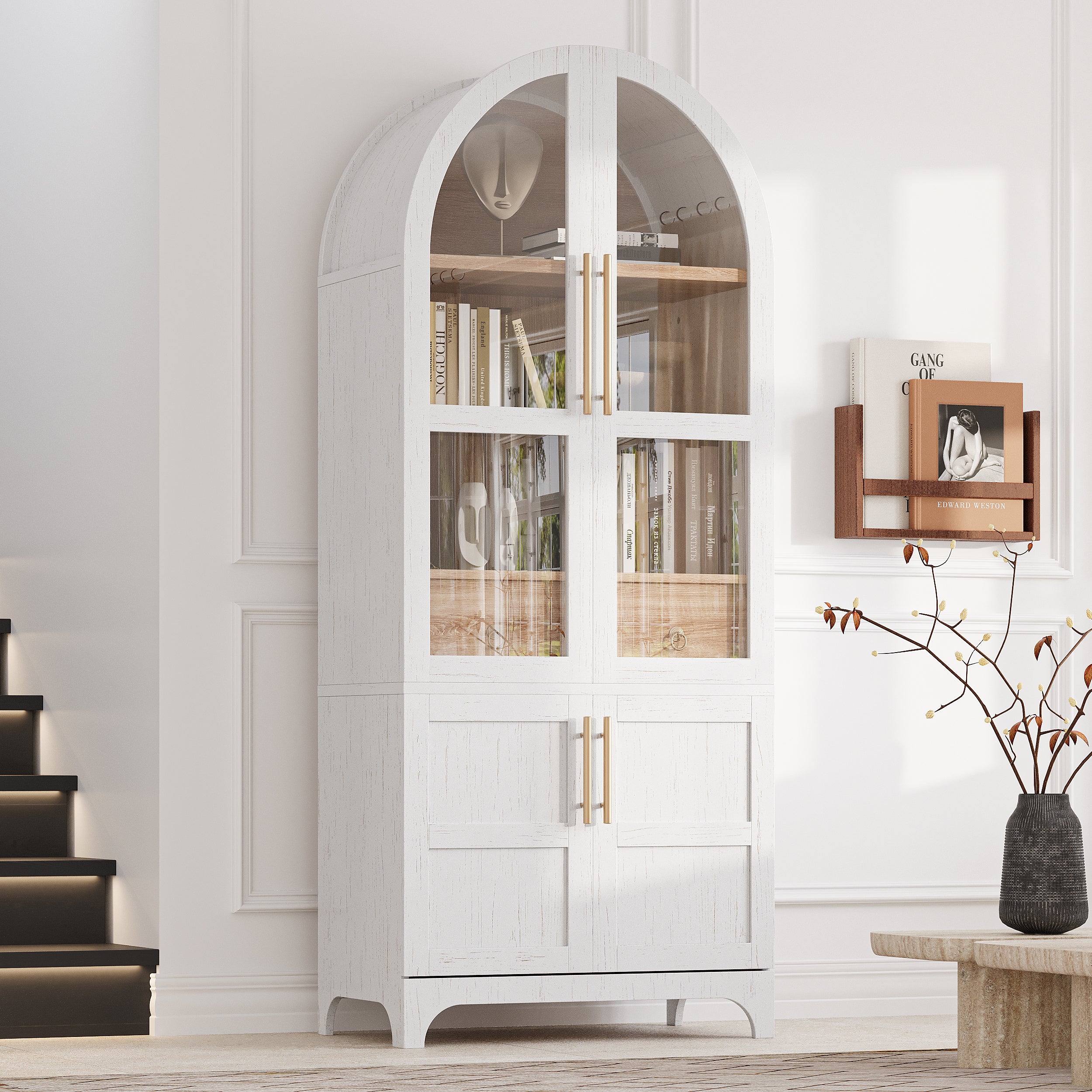 Savoy 71 inch arched kitchen pantry cabinet with glass doors and farmhouse storage design in white finish for kitchen or dining room use