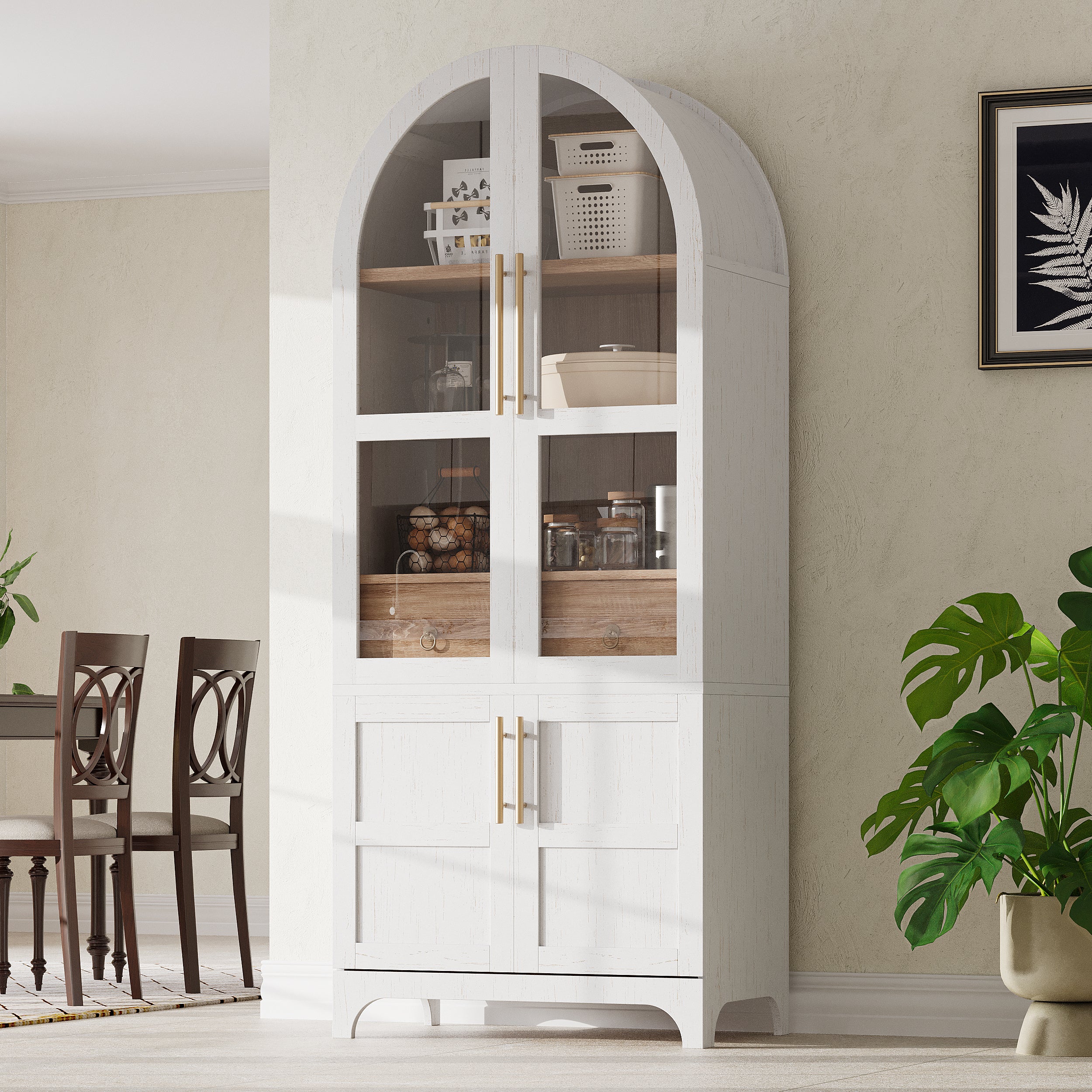 Savoy 71 inch arched kitchen pantry cabinet with glass doors and farmhouse storage design in white finish styled in dining room setting