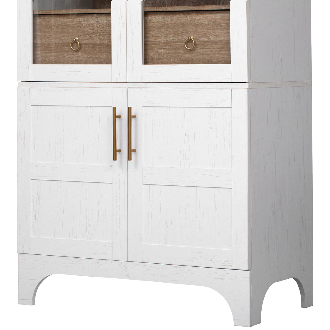 Savoy 71 inch white arched pantry cabinet lower storage cabinet detail with gold handles and farmhouse wood texture finish