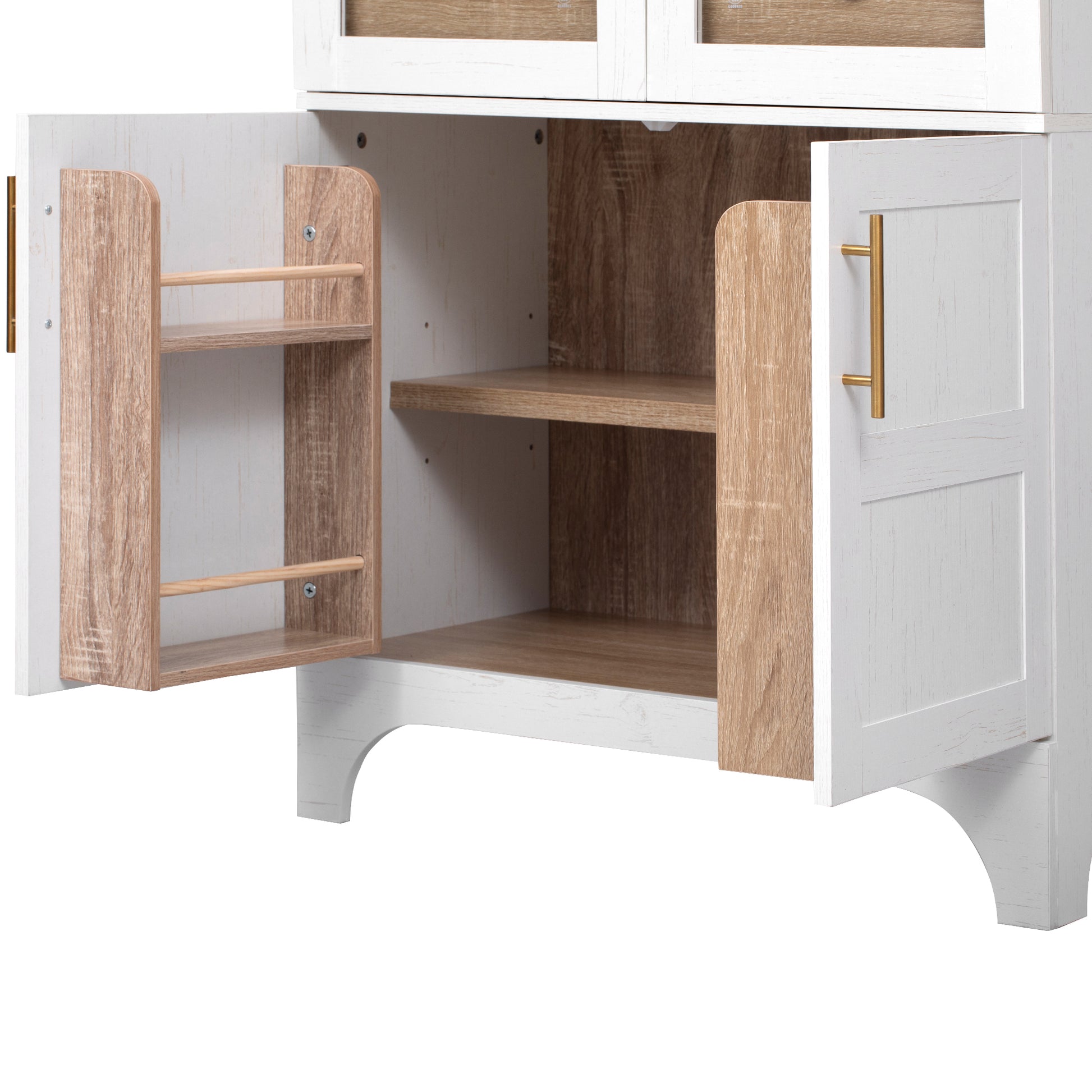 Savoy 71 inch white arched pantry cabinet lower storage compartment with interior shelf and built in door organizer racks