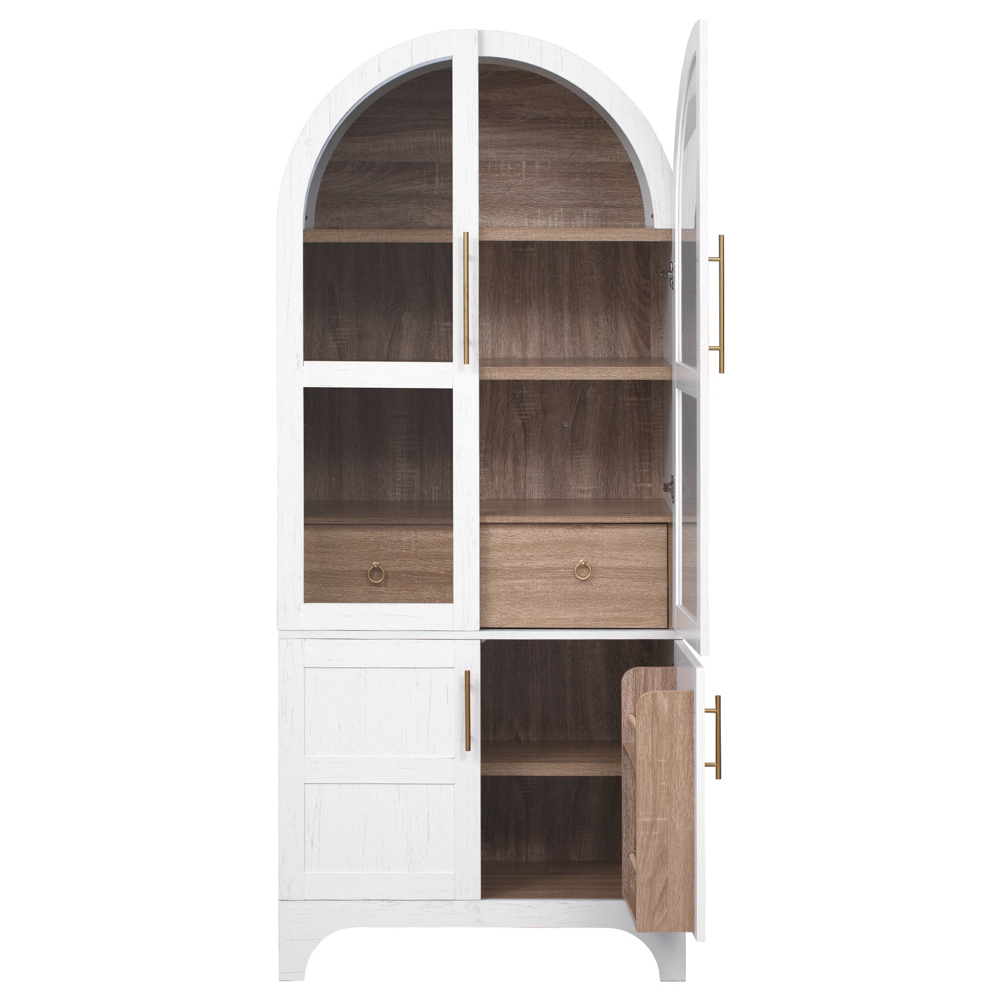 Savoy 71 inch white arched pantry cabinet with open glass door storage shelves lower cabinet compartments and farmhouse inspired design