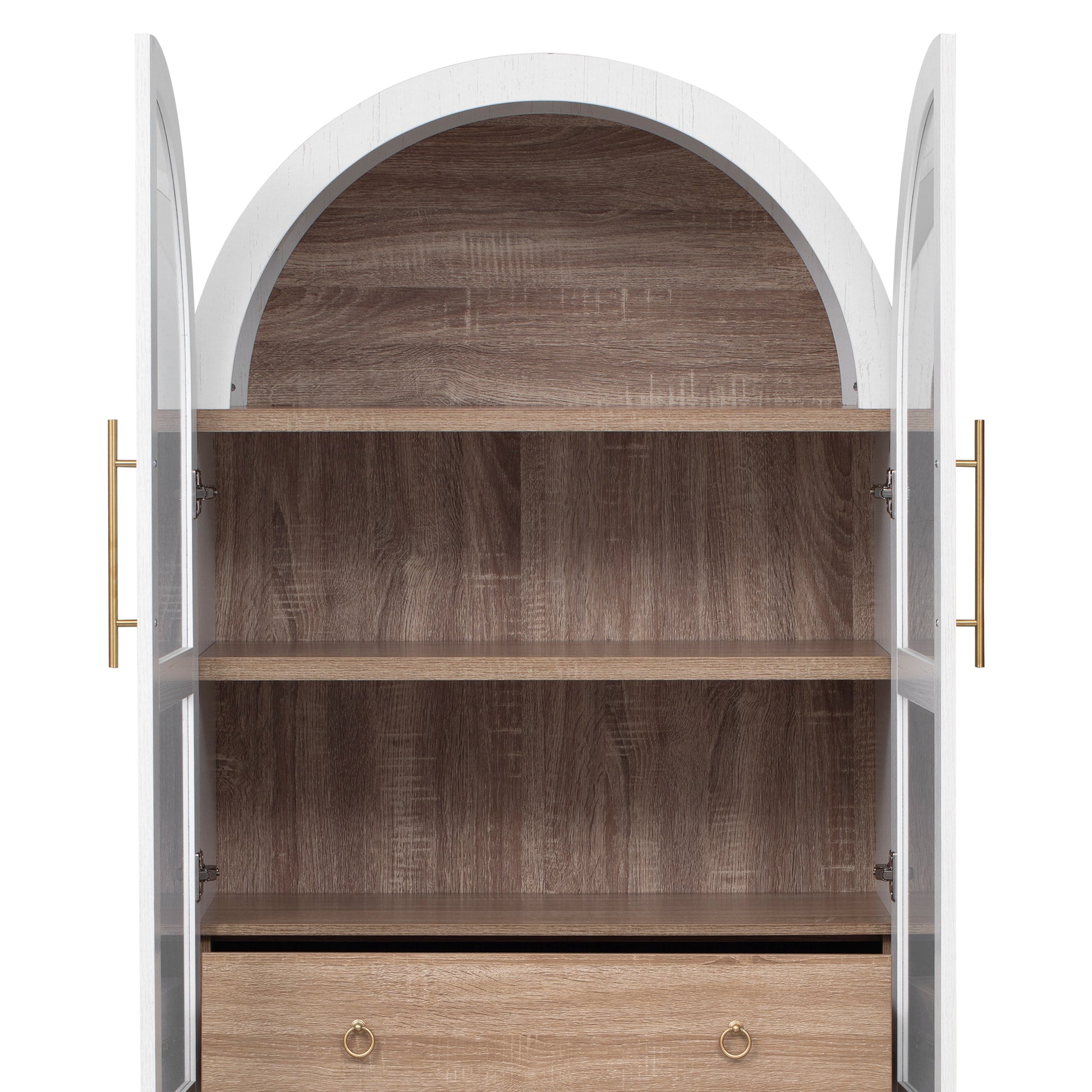 Savoy 71 inch white arched pantry cabinet upper storage shelves with open glass doors and wood grain interior detail