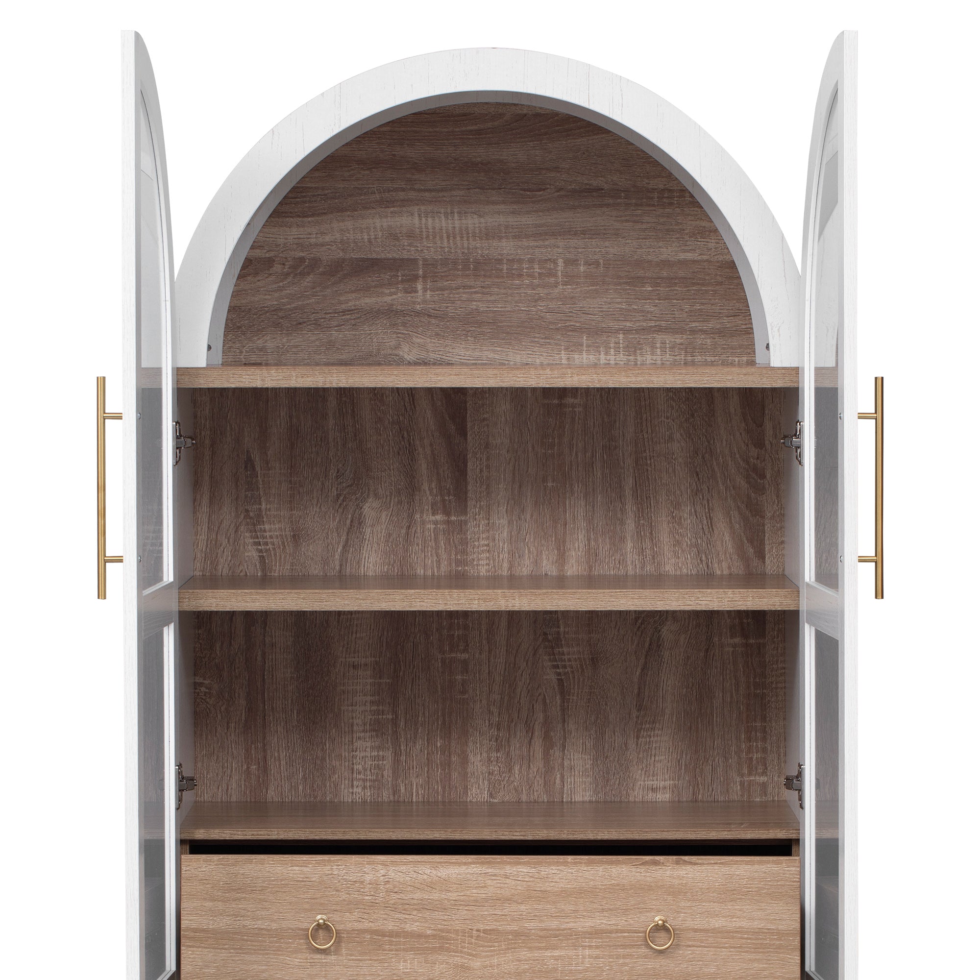 Savoy 71 inch white arched pantry cabinet upper storage shelves with open glass doors and wood grain interior detail