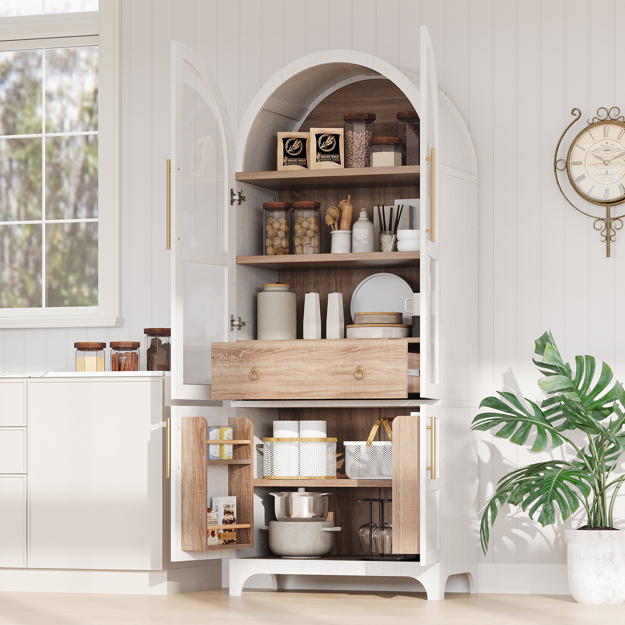 Savoy 71 inch white arched pantry cabinet with open glass doors adjustable shelves drawer storage and lower cabinet organization compartments