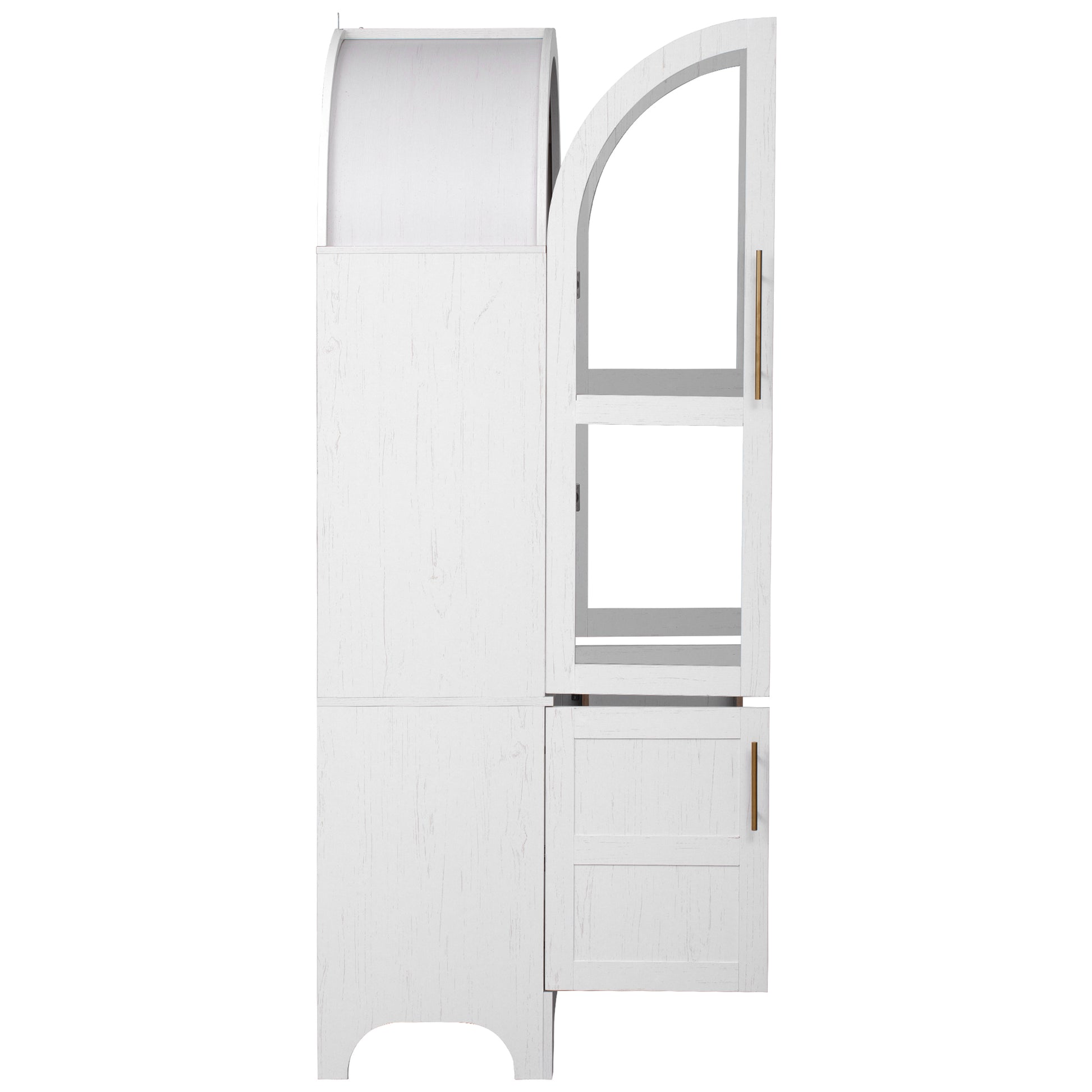Savoy 71 inch white arched pantry cabinet side profile with open glass door and lower cabinet storage in farmhouse style design