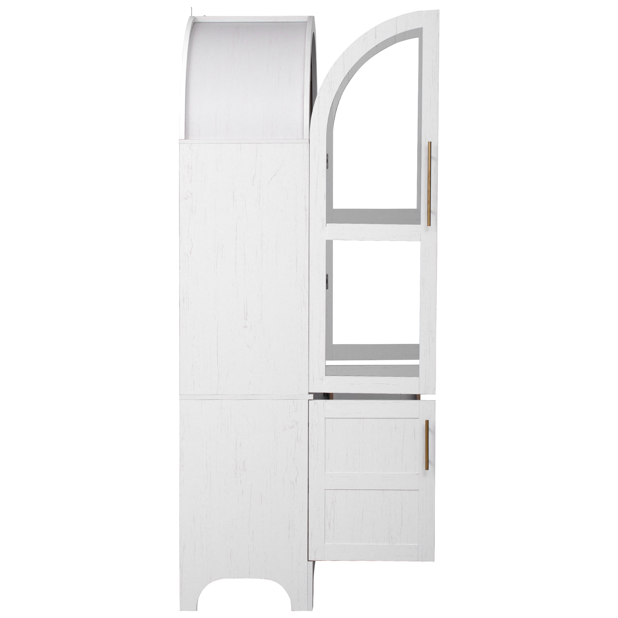 Savoy 71 inch white arched pantry cabinet side profile with open glass door and lower cabinet storage in farmhouse style design