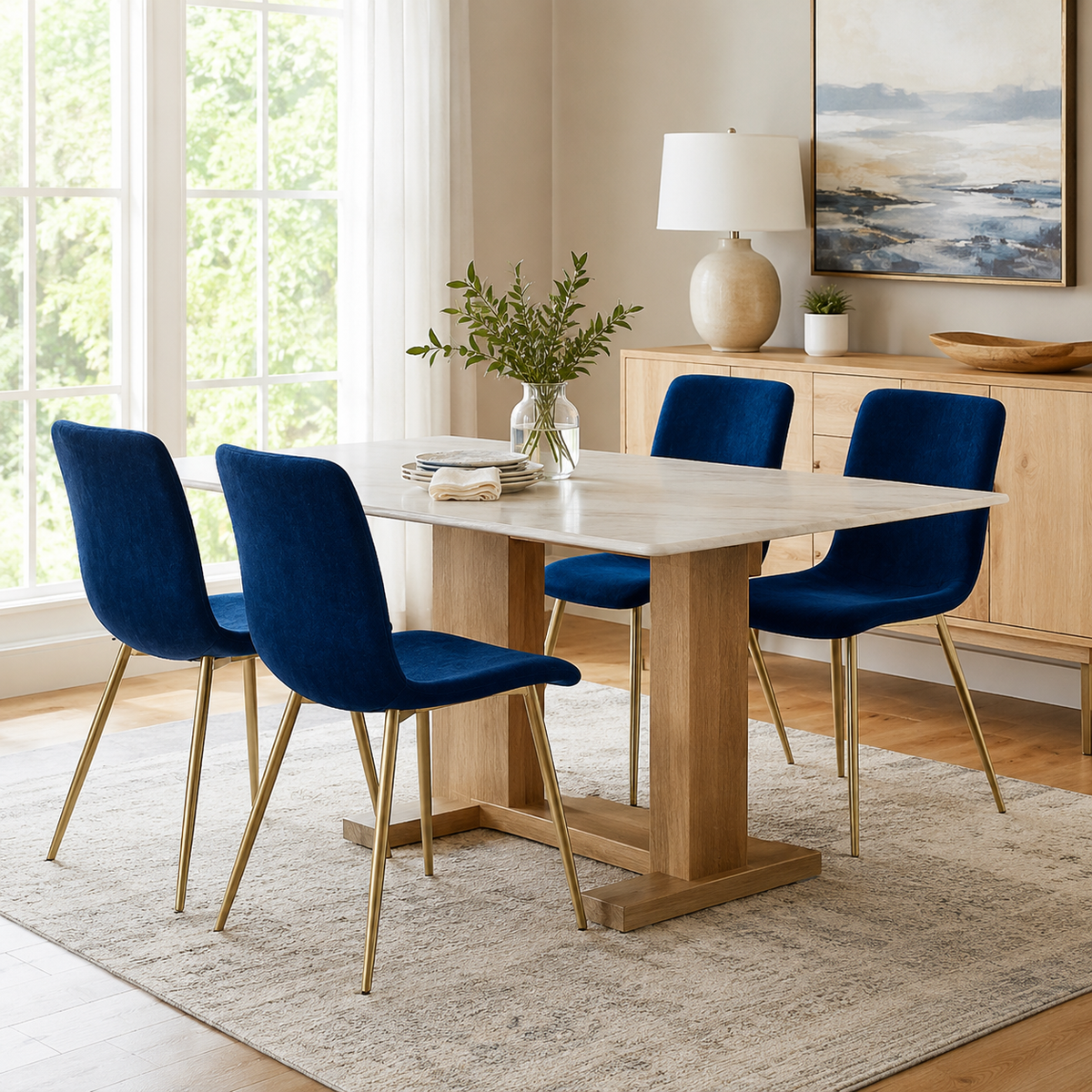 Scargill blue dining chair showing lifestyle view with round wood dining table