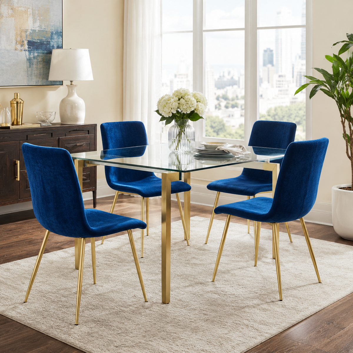 Scargill blue dining chair showing lifestyle view with natural dining table