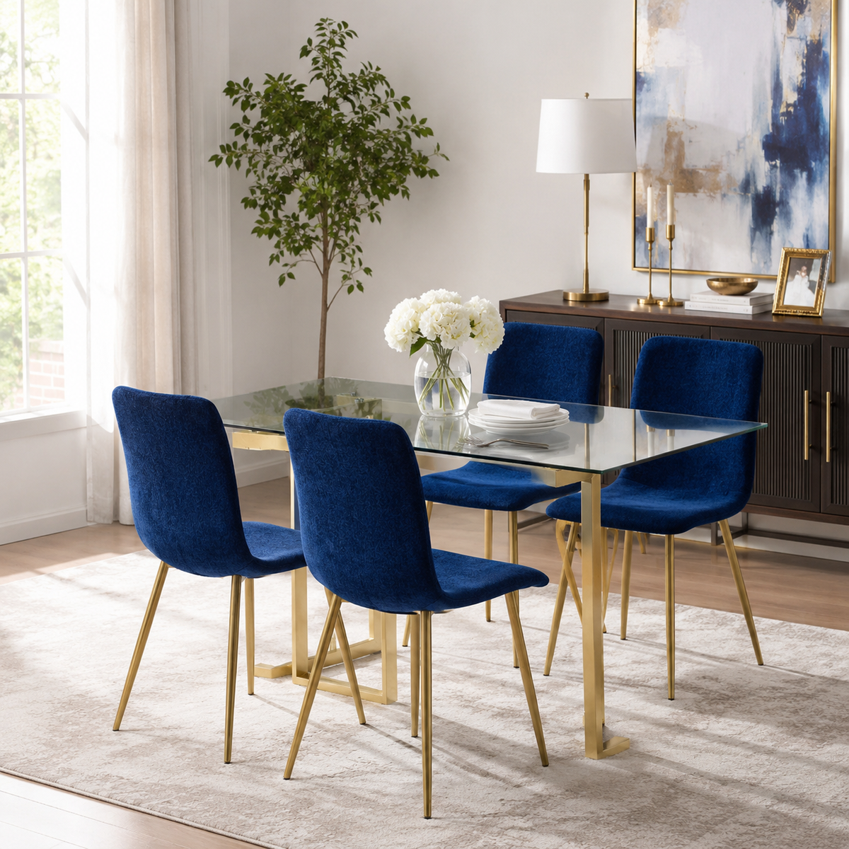 Scargill blue dining chair showing lifestyle view in bright dining space