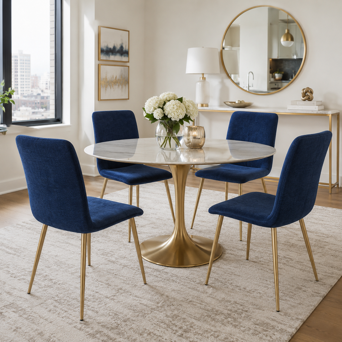 Scargill blue dining chair showing lifestyle view around pedestal dining table