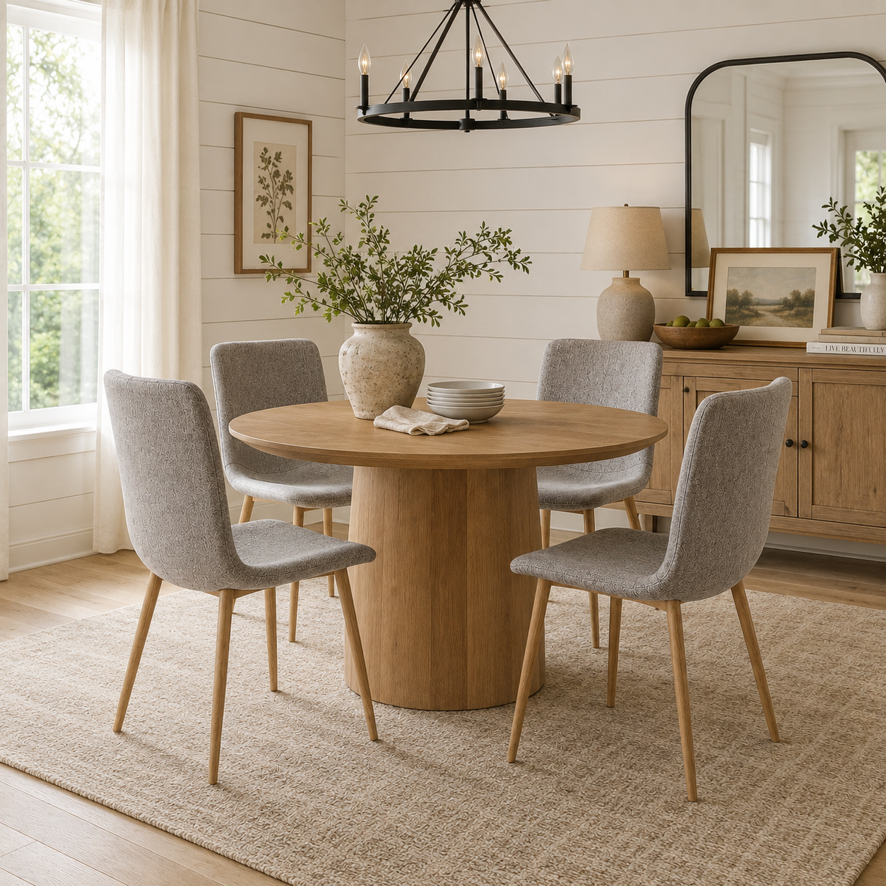Scargill gray dining chair showing lifestyle view with round dining table