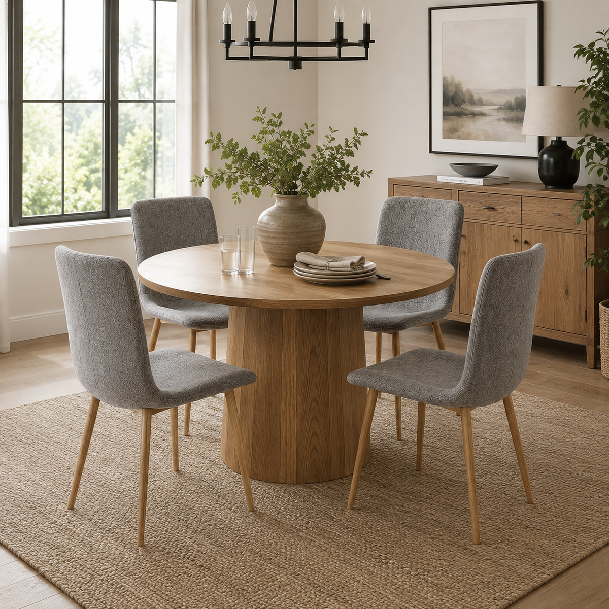 Scargill gray dining chair showing lifestyle view in bright dining room