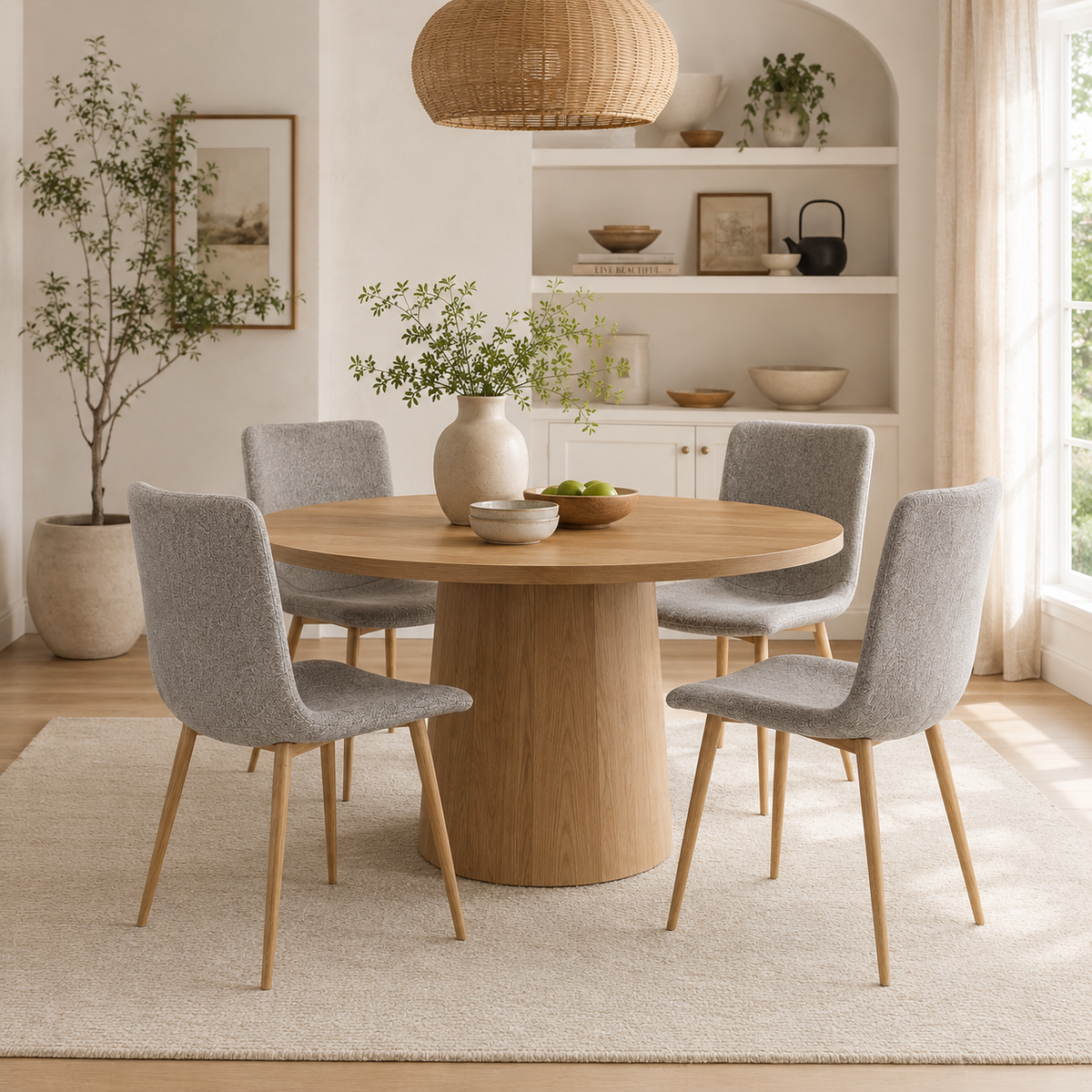 Scargill gray dining chair showing lifestyle view with pedestal dining table