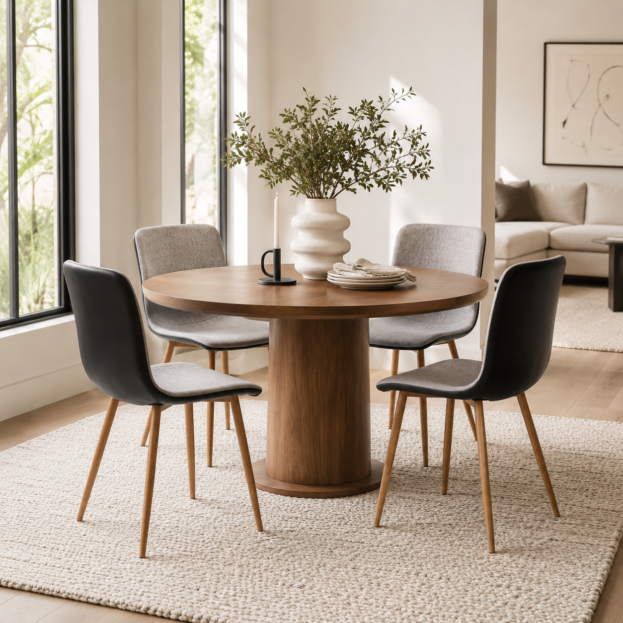 Scargill gray with PU black dining chair showing lifestyle view with round dining table