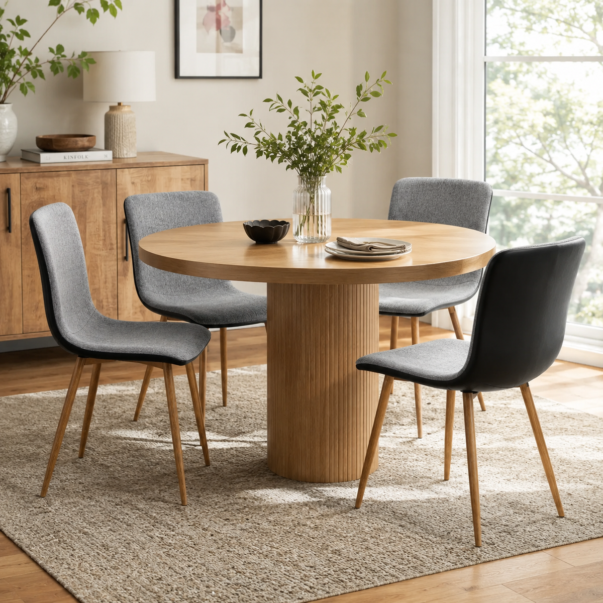 Scargill gray with PU black dining chair showing lifestyle view in bright dining room