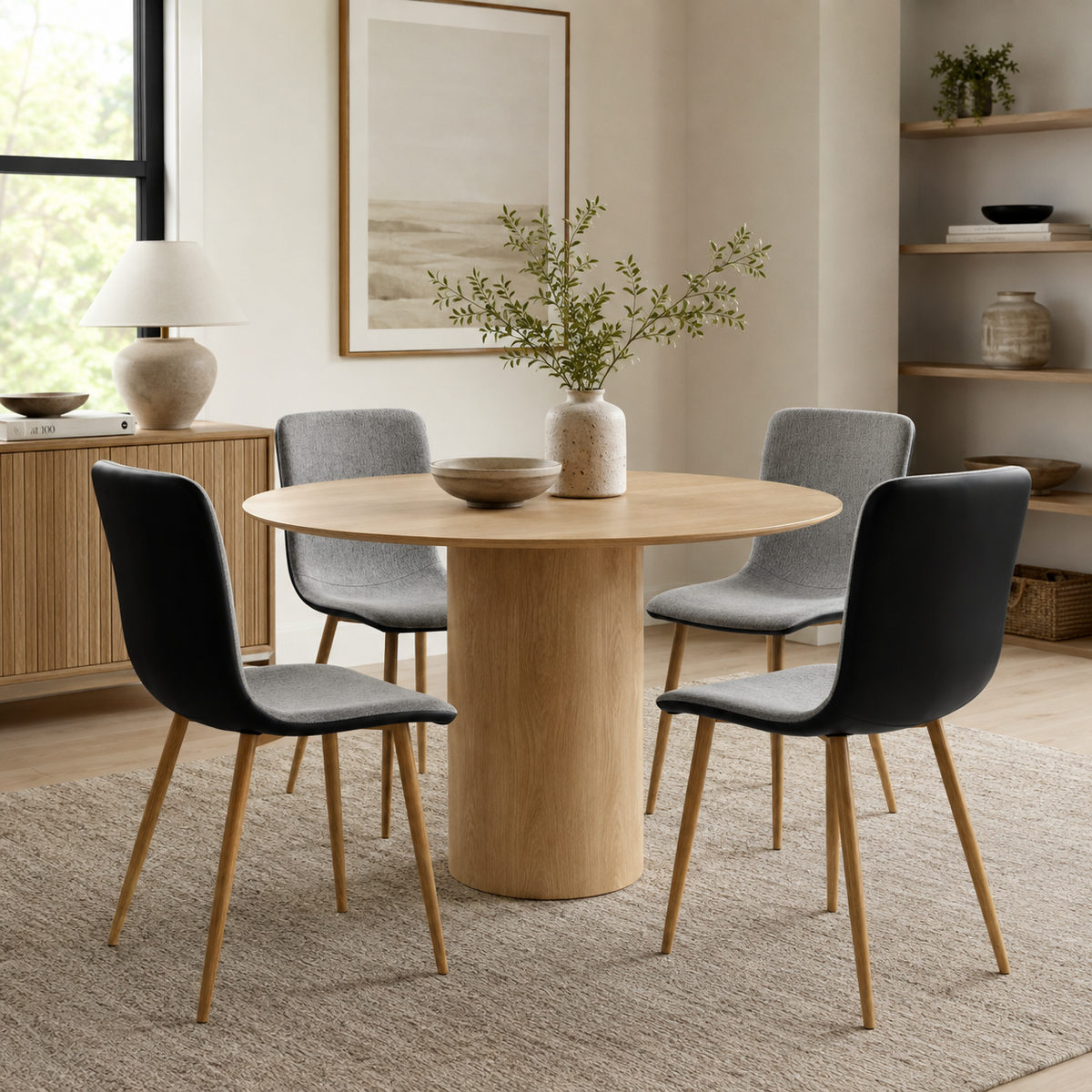 Scargill gray with PU black dining chair showing lifestyle view around wood dining table