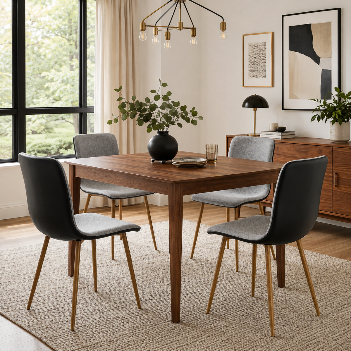 Scargill gray with PU black dining chair showing lifestyle view in modern dining space