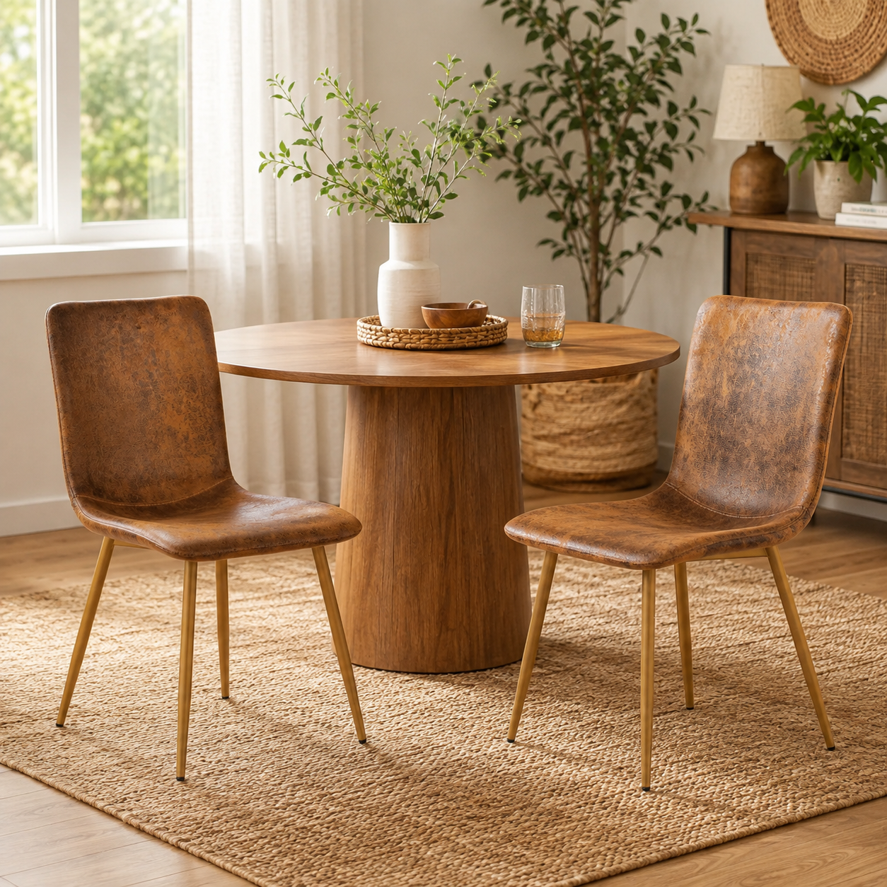 Scargill suede upholstered dining chairs in suede brown with gold metal legs around a round dining table in a bright dining room