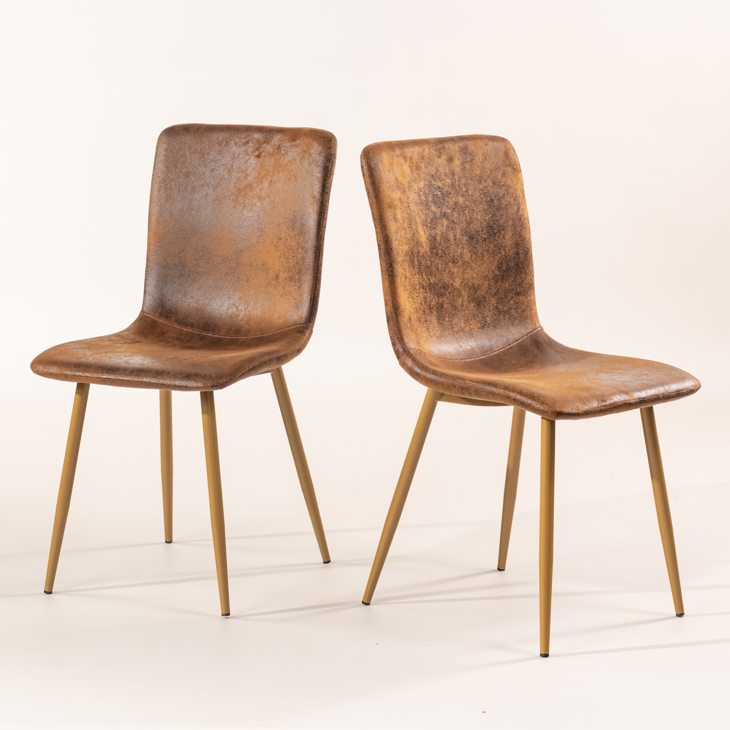 Scargill suede brown upholstered dining chair set of 2 with gold metal legs on white background
