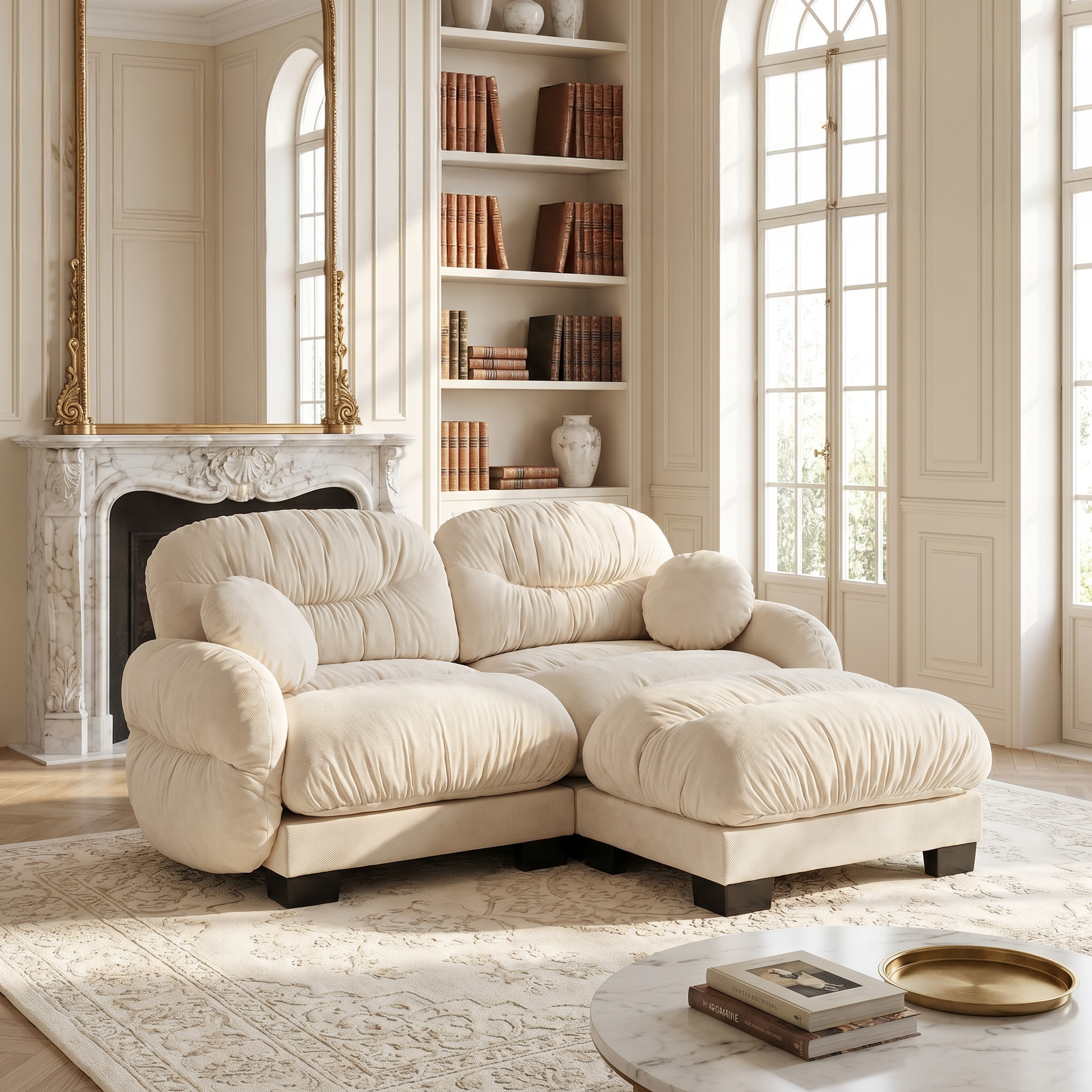 Seattle beige modular sofa in an elegant living room featuring marble fireplace and tall bookshelf backdrop