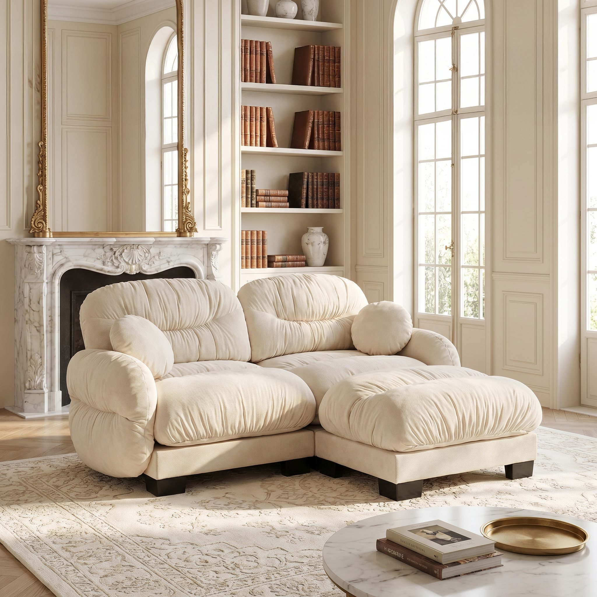 Seattle beige modular sofa in an elegant living room featuring marble fireplace and tall bookshelf backdrop