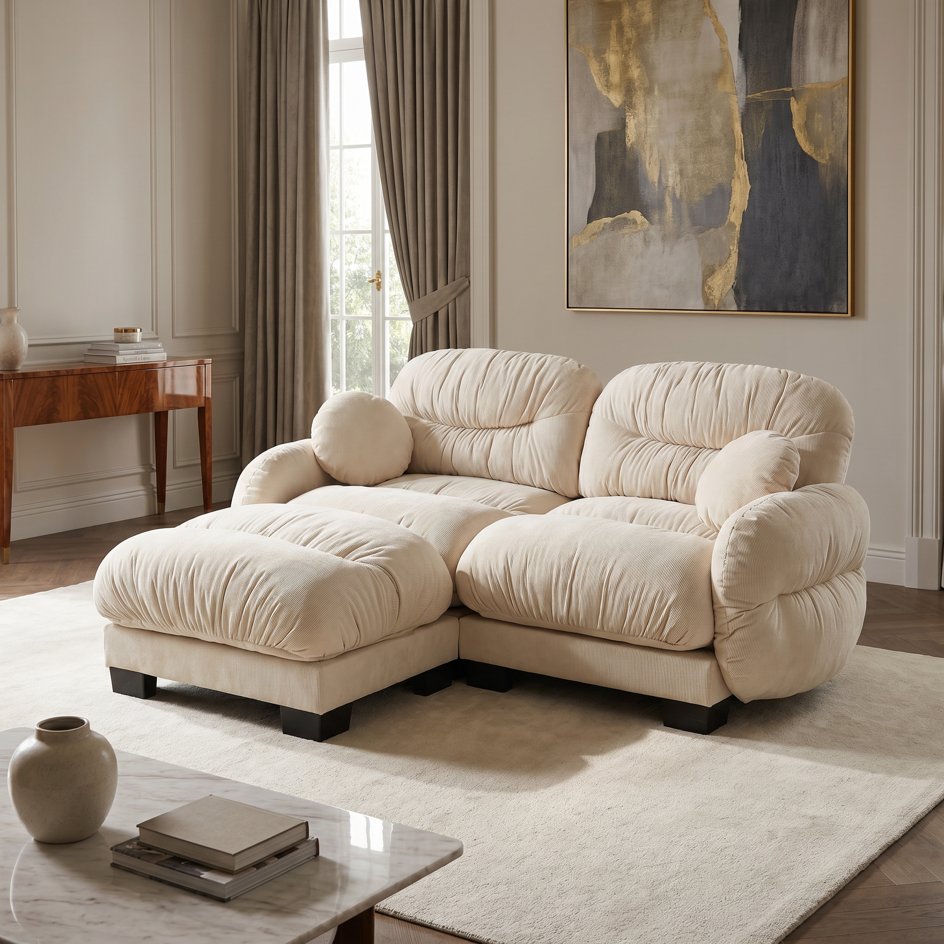 Seattle beige modular sofa in a refined contemporary interior with warm lighting and artwork