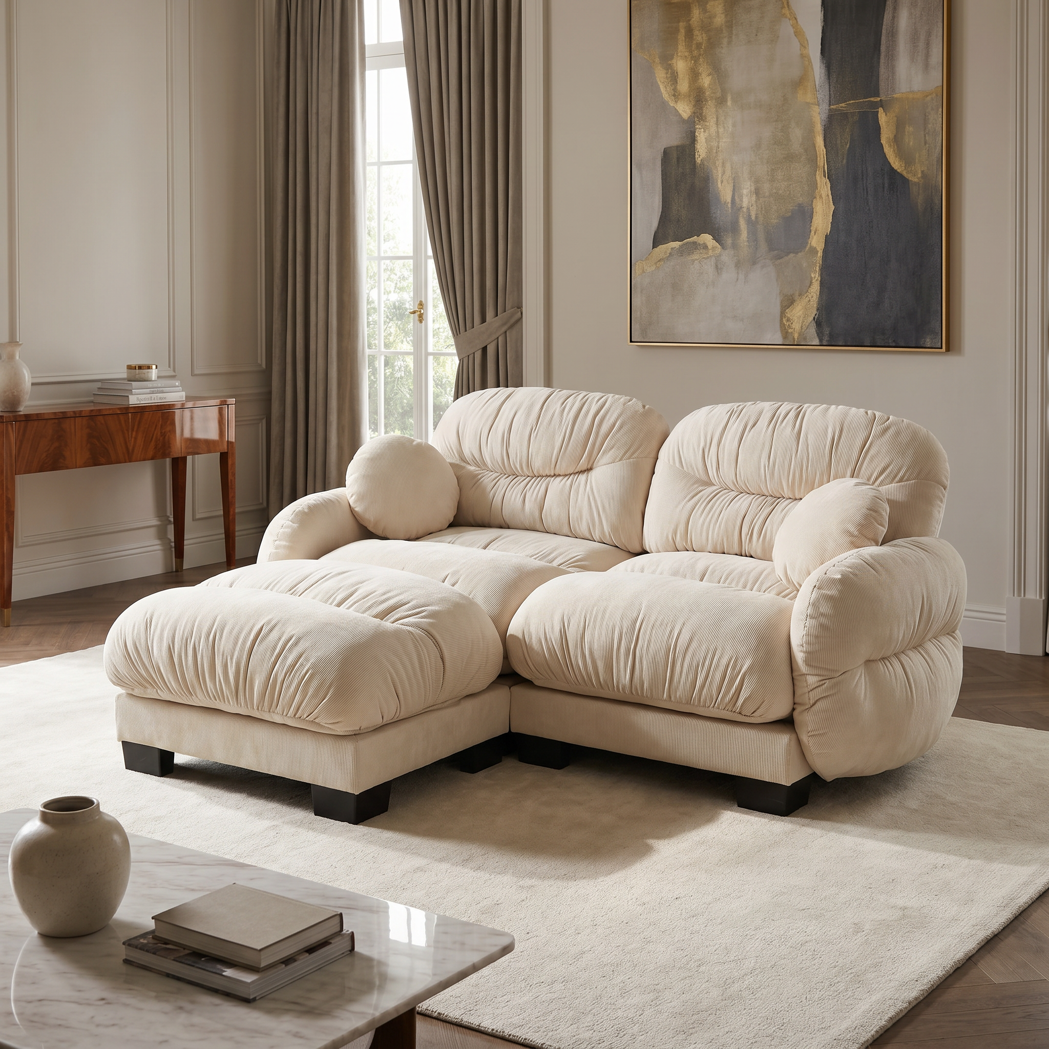 Seattle beige modular sofa in a refined contemporary interior with warm lighting and artwork