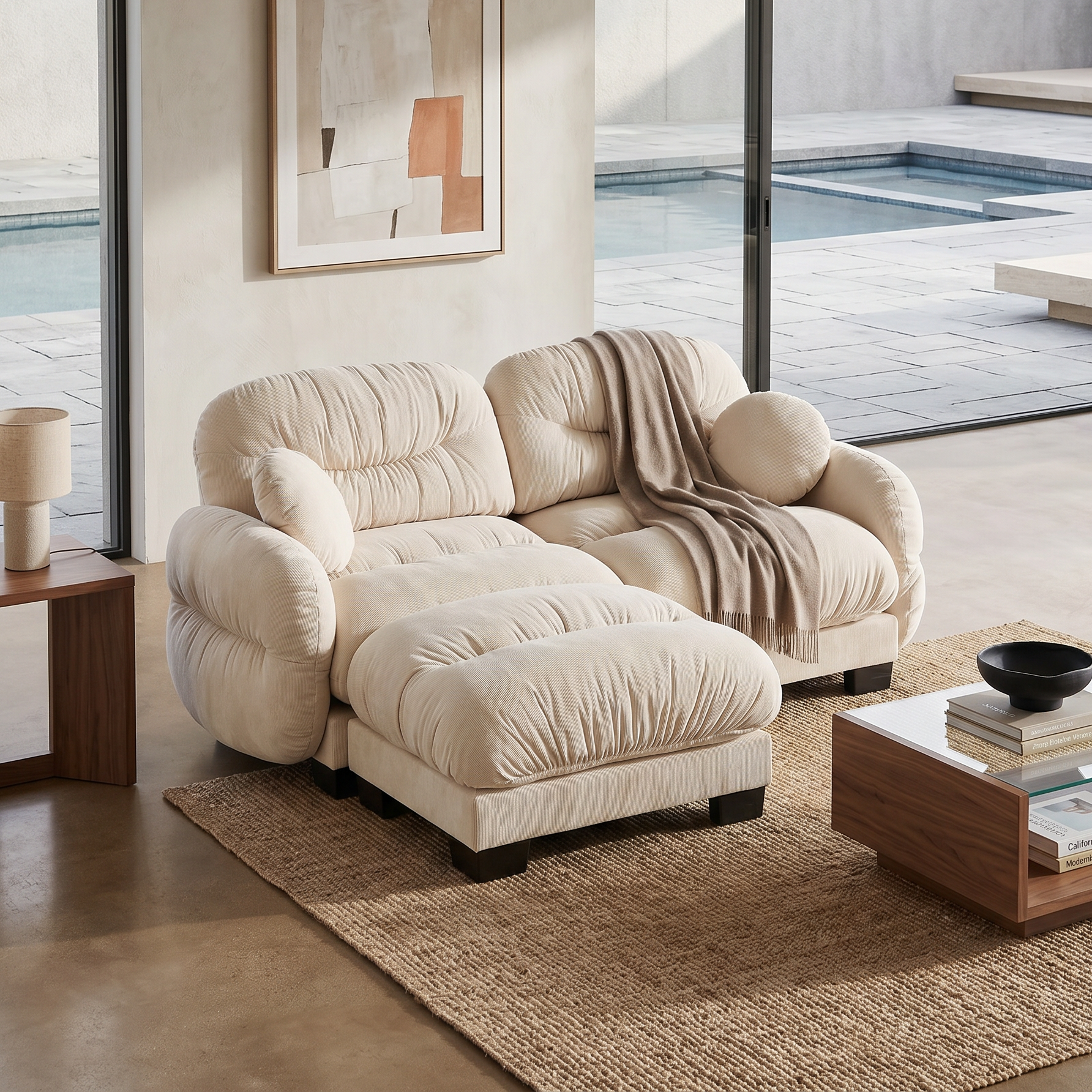 Seattle beige modular sofa beside large floor windows in a bright modern living space