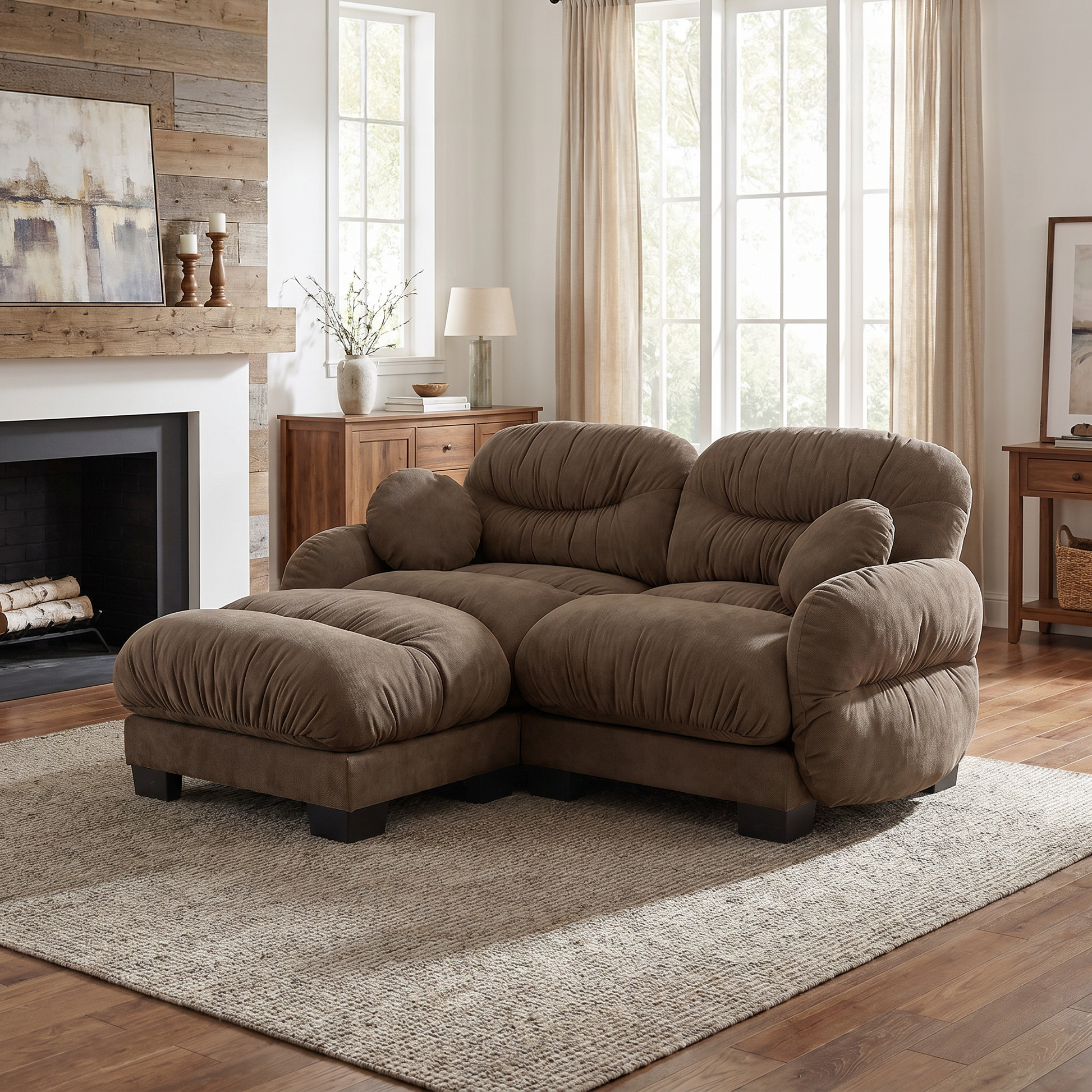 Seattle brown modular sofa showing cozy chenille seating with ottoman in modern living room
